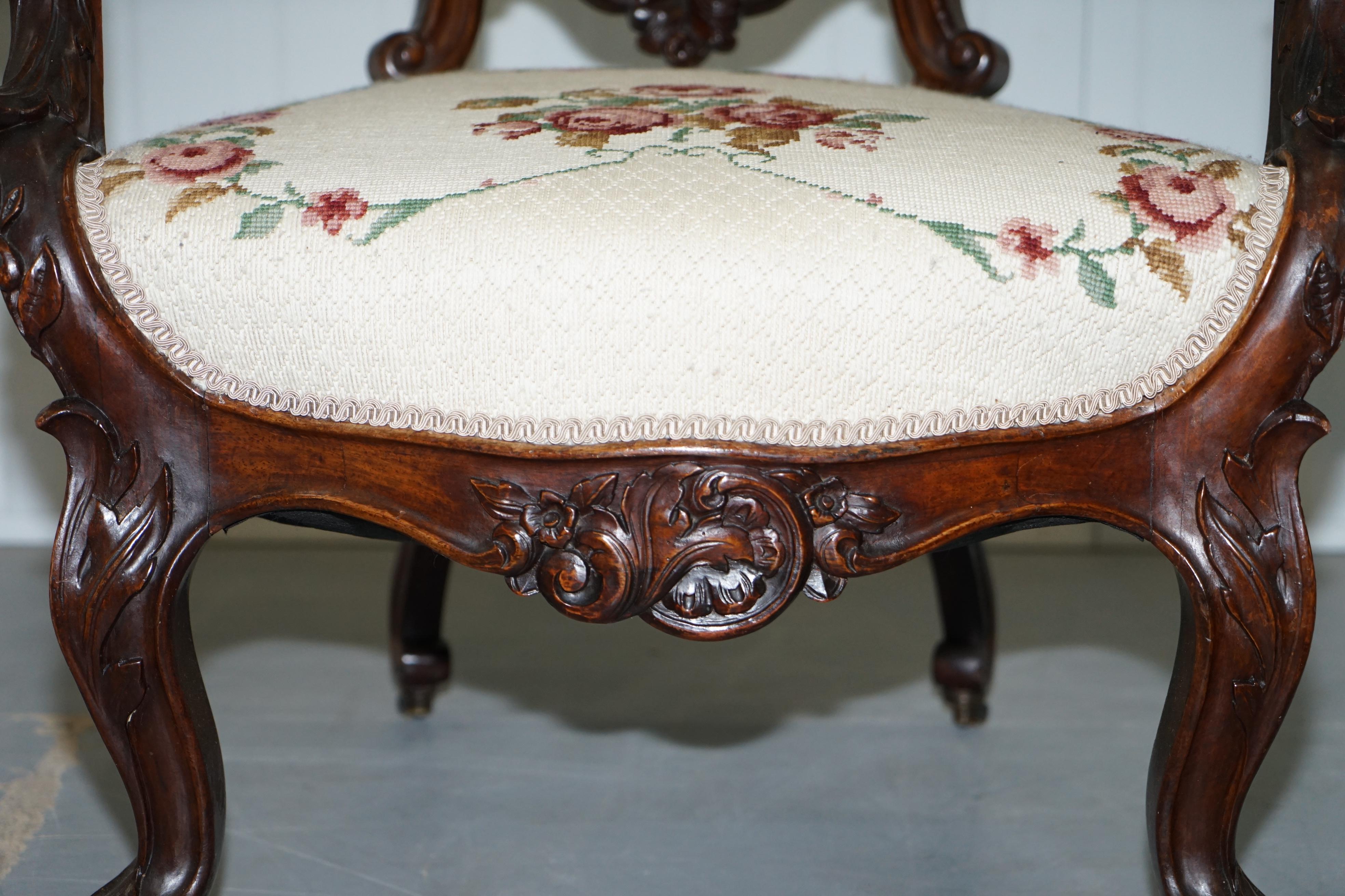 Victorian Show Frame Lion Carved Walnut Salon Armchair Embroidered Upholstery For Sale 6