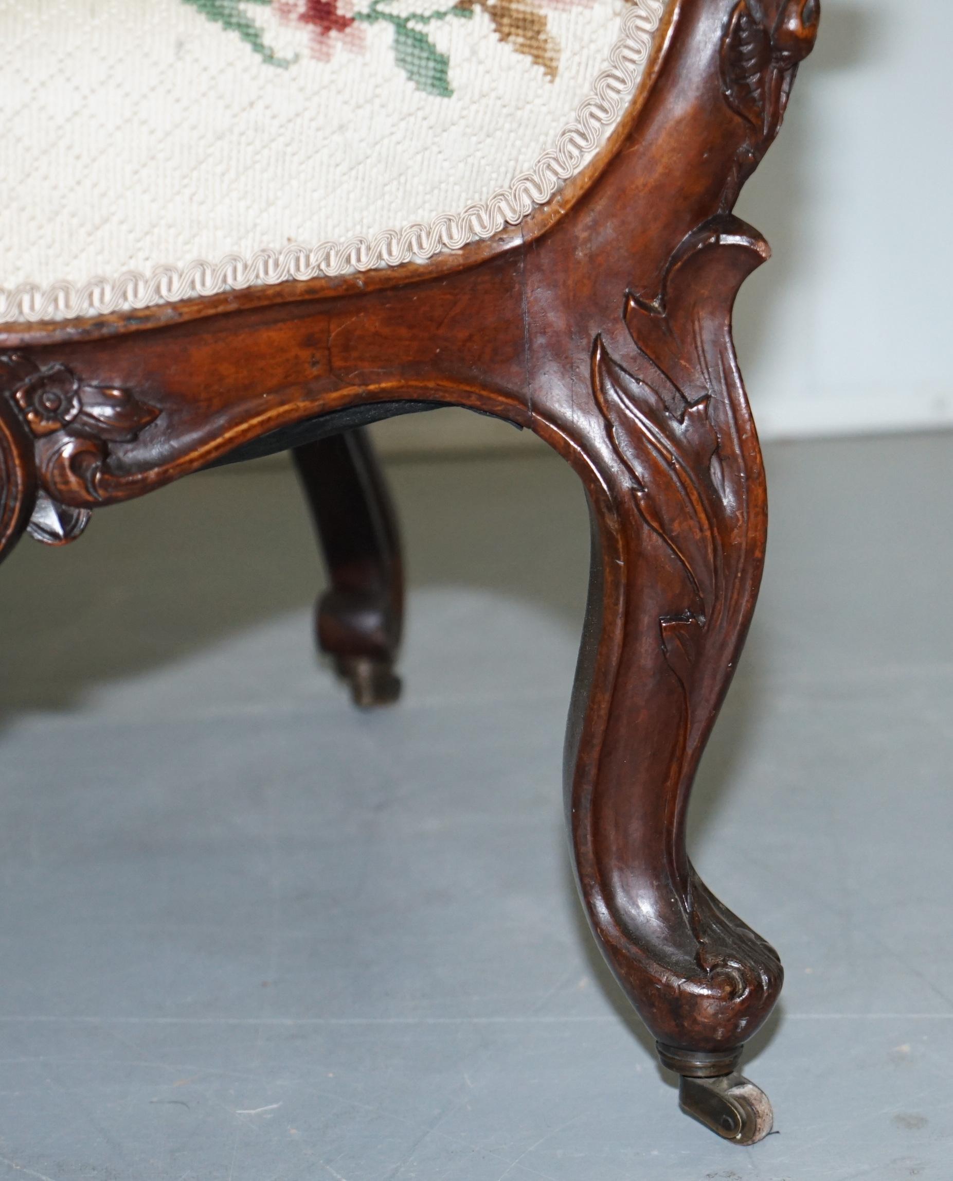 Victorian Show Frame Lion Carved Walnut Salon Armchair Embroidered Upholstery For Sale 7