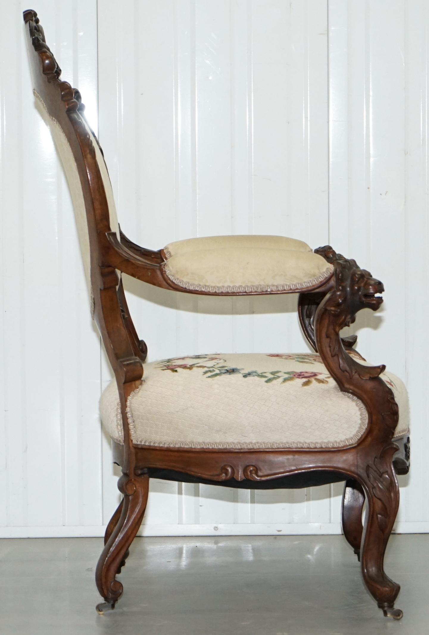Victorian Show Frame Lion Carved Walnut Salon Armchair Embroidered Upholstery For Sale 10