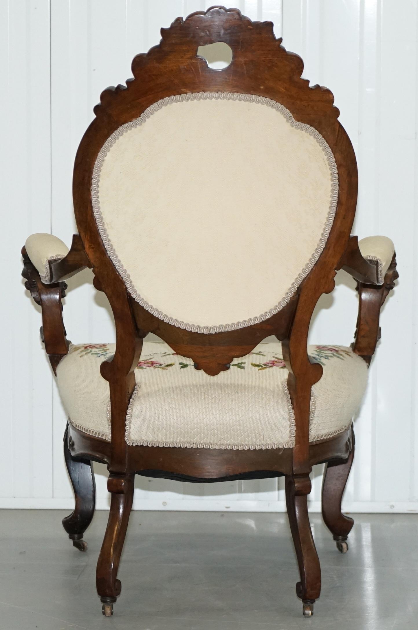 Victorian Show Frame Lion Carved Walnut Salon Armchair Embroidered Upholstery For Sale 11
