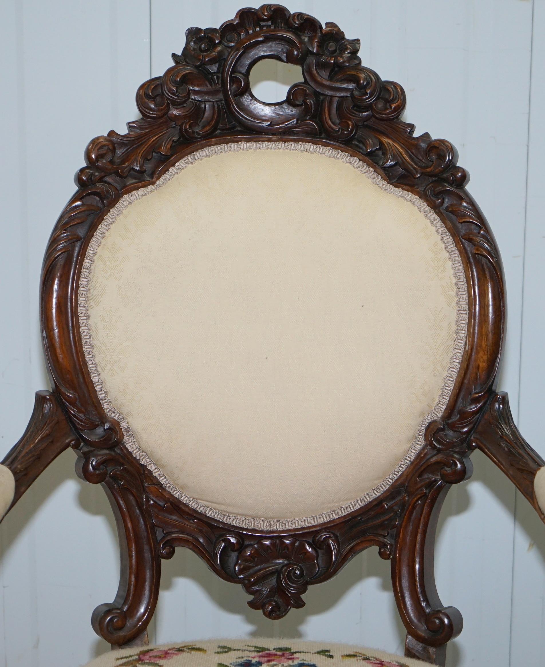 English Victorian Show Frame Lion Carved Walnut Salon Armchair Embroidered Upholstery For Sale