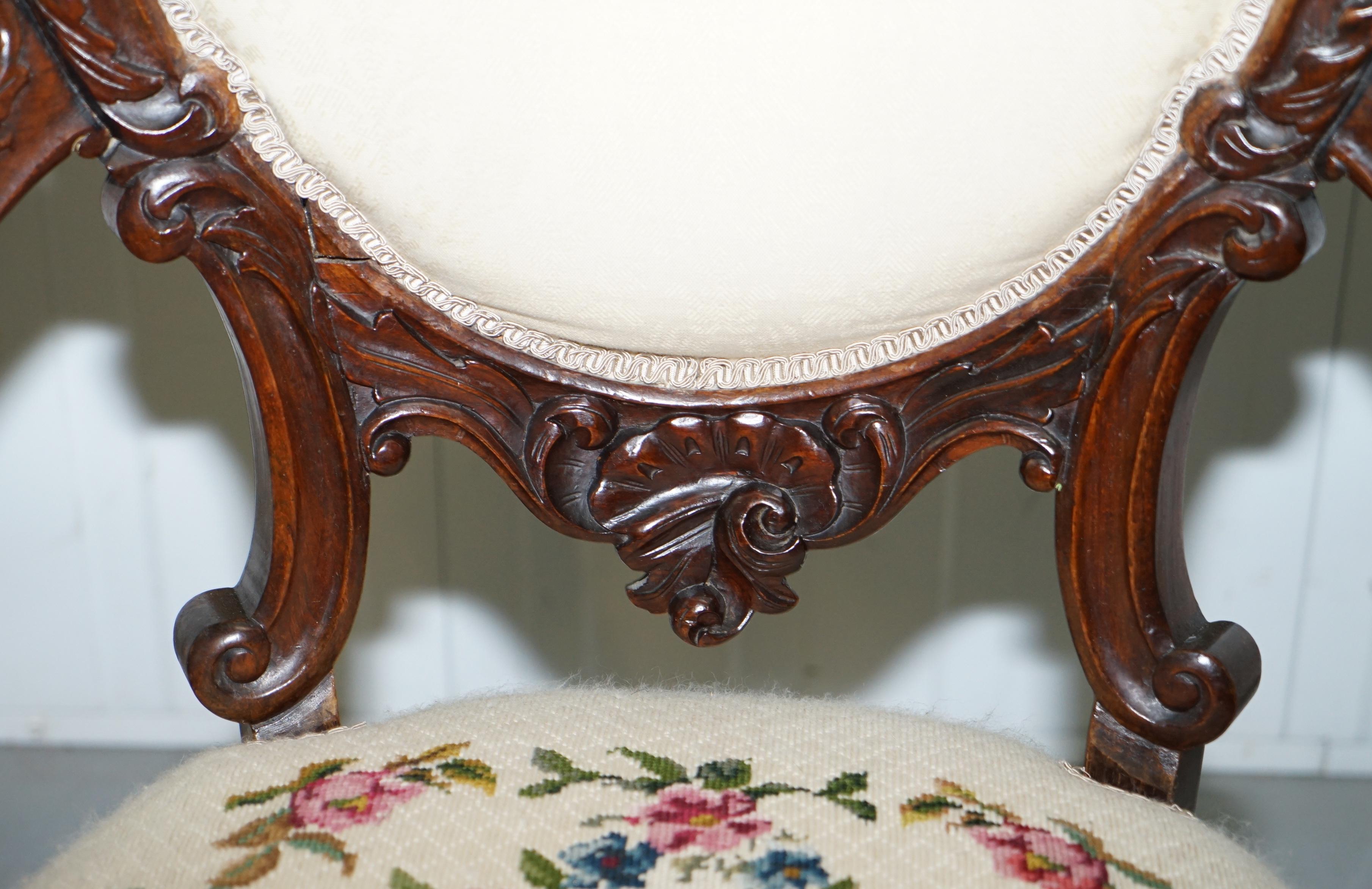 19th Century Victorian Show Frame Lion Carved Walnut Salon Armchair Embroidered Upholstery For Sale