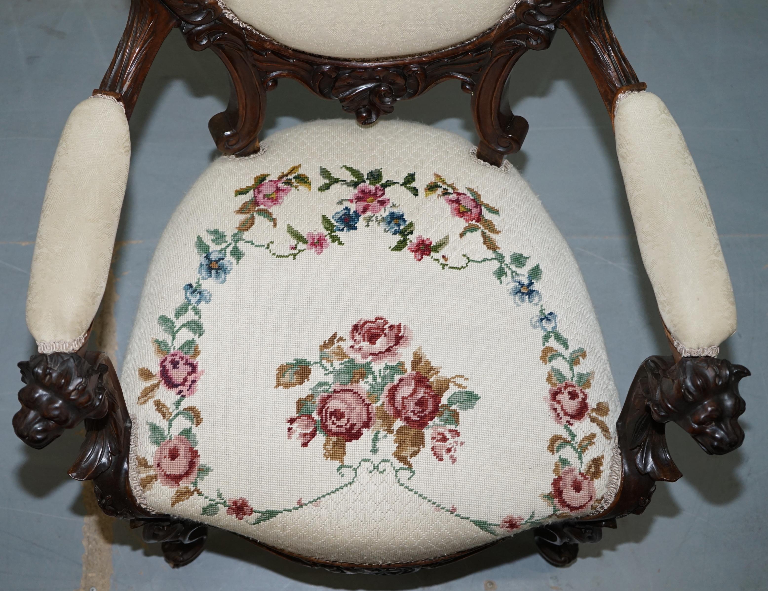 Victorian Show Frame Lion Carved Walnut Salon Armchair Embroidered Upholstery For Sale 1