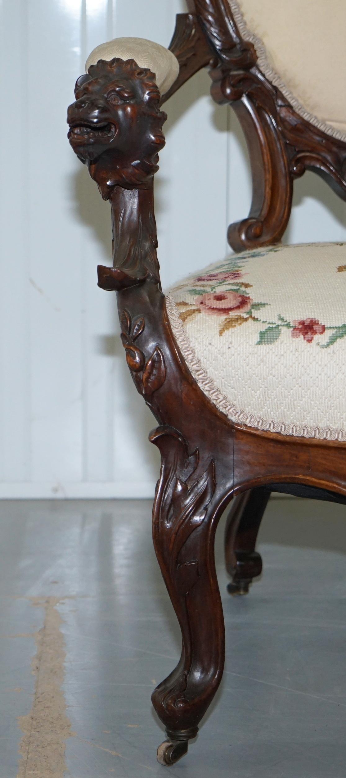 Victorian Show Frame Lion Carved Walnut Salon Armchair Embroidered Upholstery For Sale 2