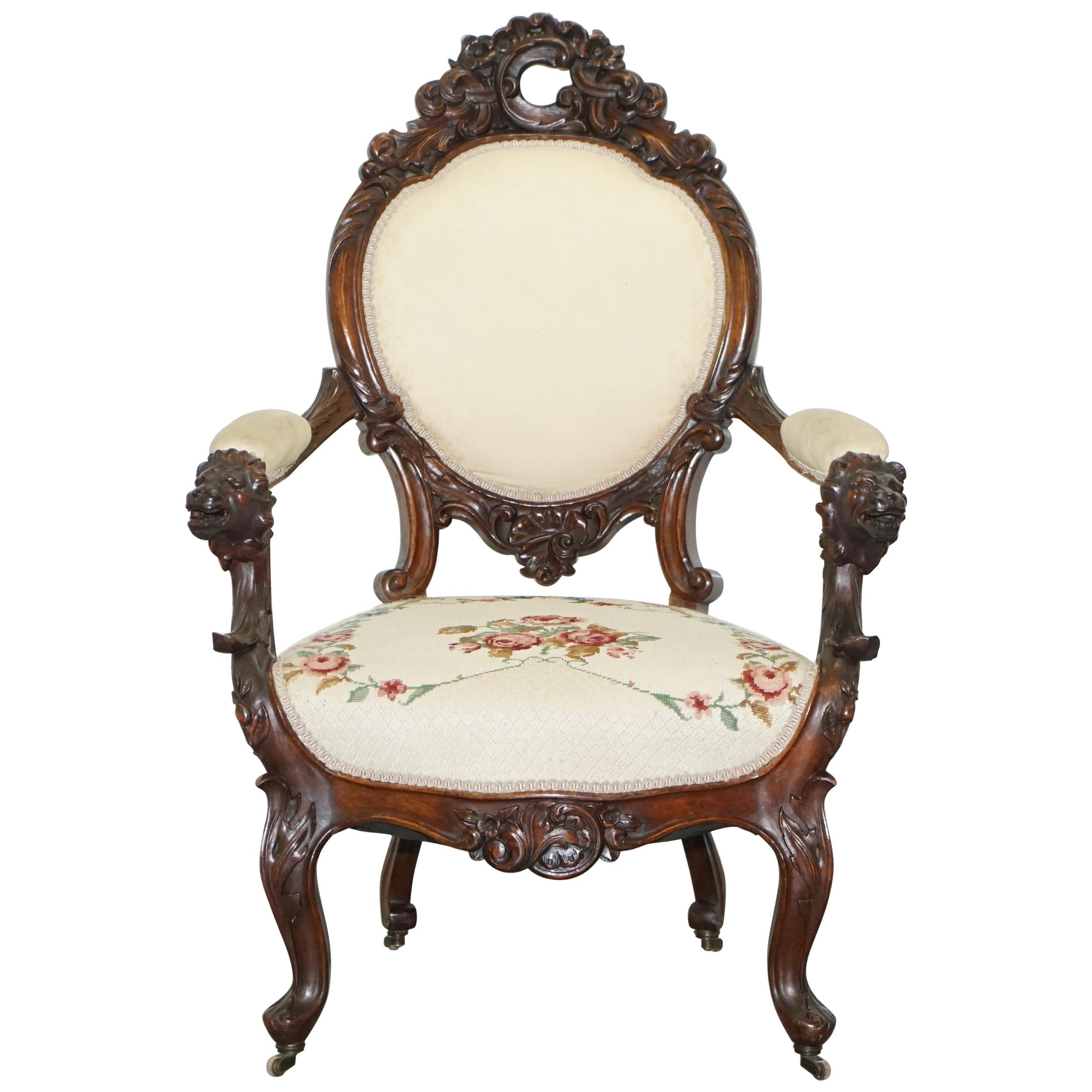 Victorian Show Frame Lion Carved Walnut Salon Armchair Embroidered Upholstery For Sale