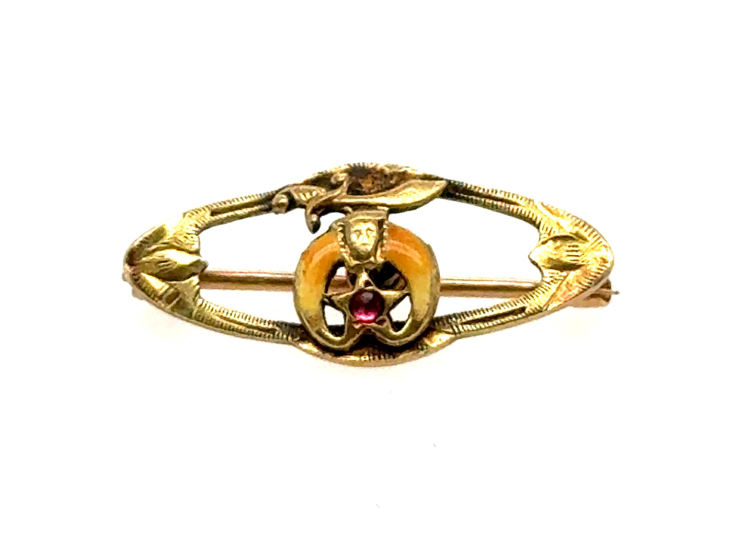 Victorian Shriner's Masonic Mason Enamel Ruby Pin Brooch Yellow Gold Antique