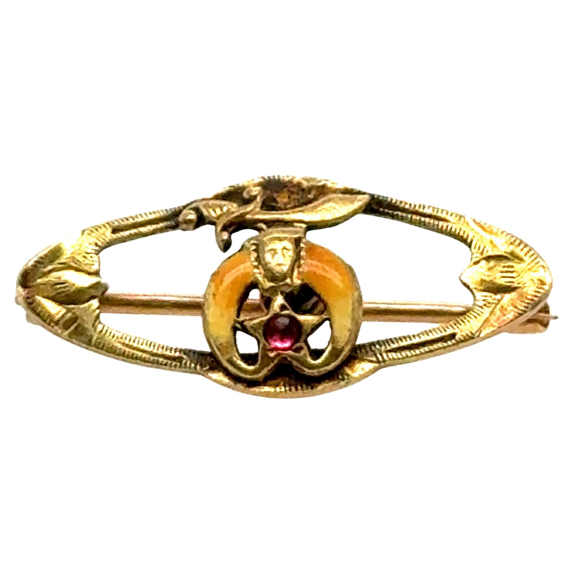 Broche Masónico Victoriano Shriner de Rubí Esmaltado Broche de Oro Amarillo Antiguo