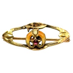Victorian Shriner's Masonic Mason Enamel Ruby Pin Brooch Yellow Gold Antique