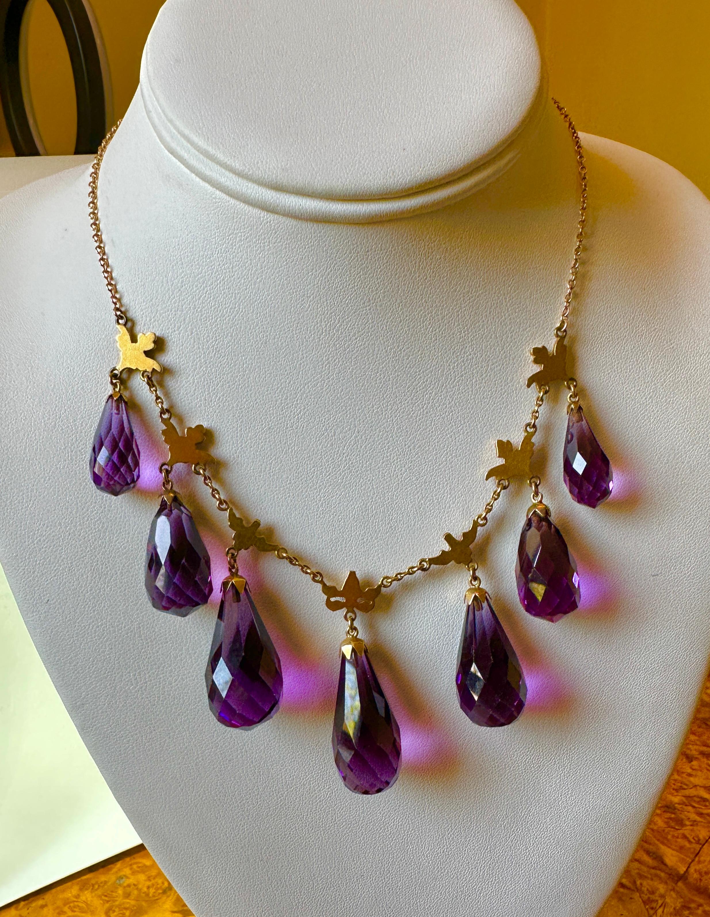 Victorian Siberian Amethyst Briolette Necklace Antique Fringe Drop 14 Karat Gold 6