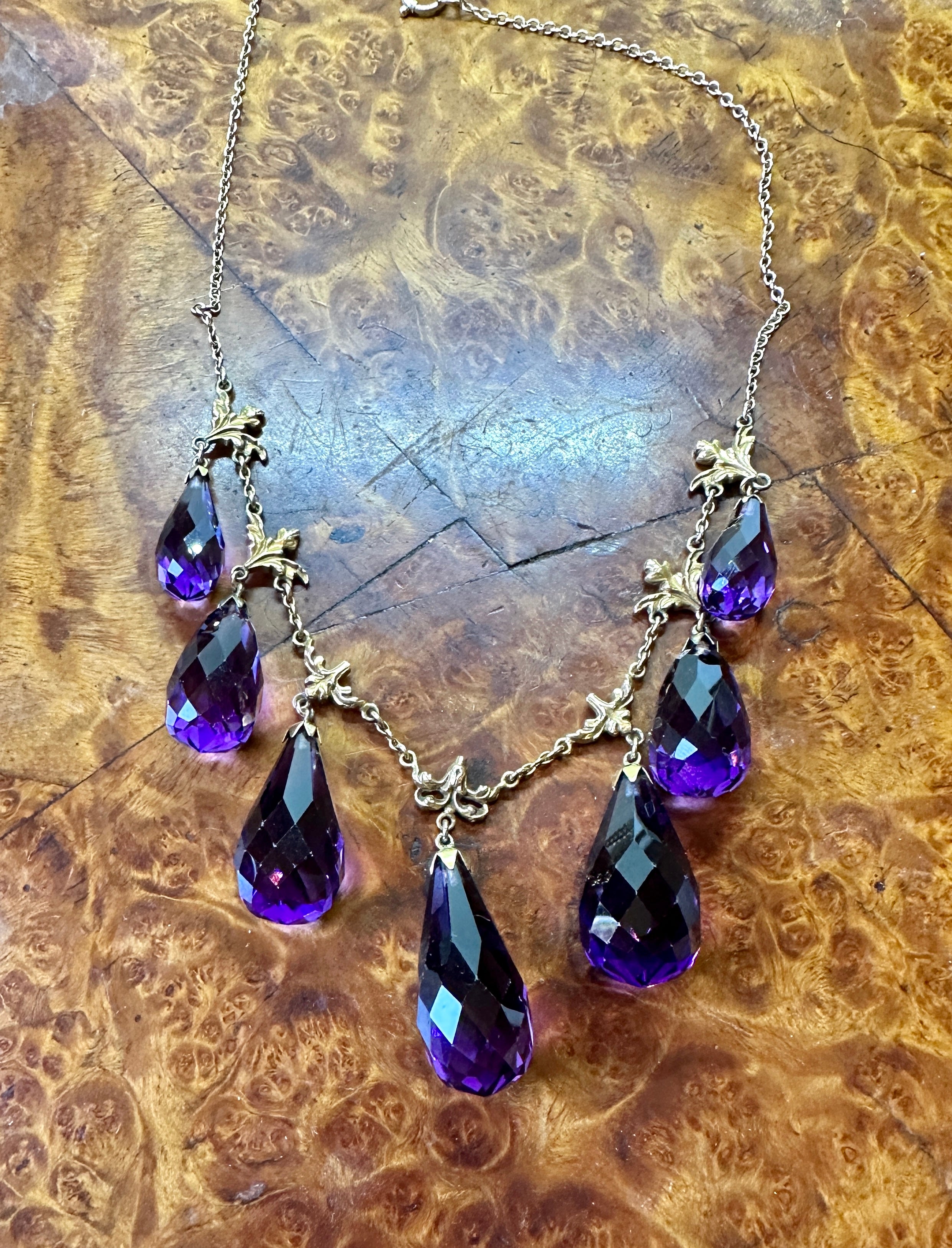 Briolette Cut Victorian Siberian Amethyst Briolette Necklace Antique Fringe Drop 14 Karat Gold