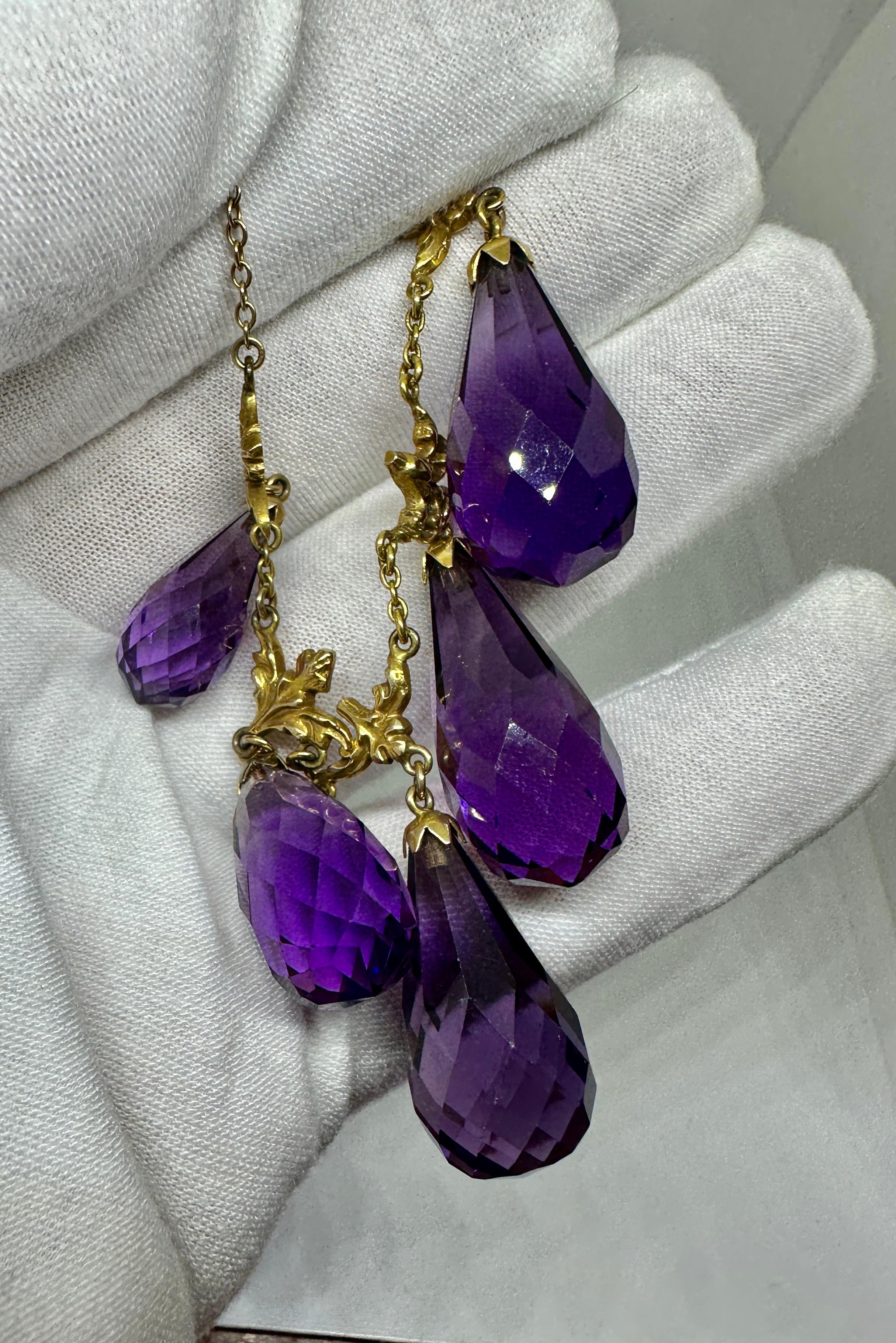 Women's Victorian Siberian Amethyst Briolette Necklace Antique Fringe Drop 14 Karat Gold