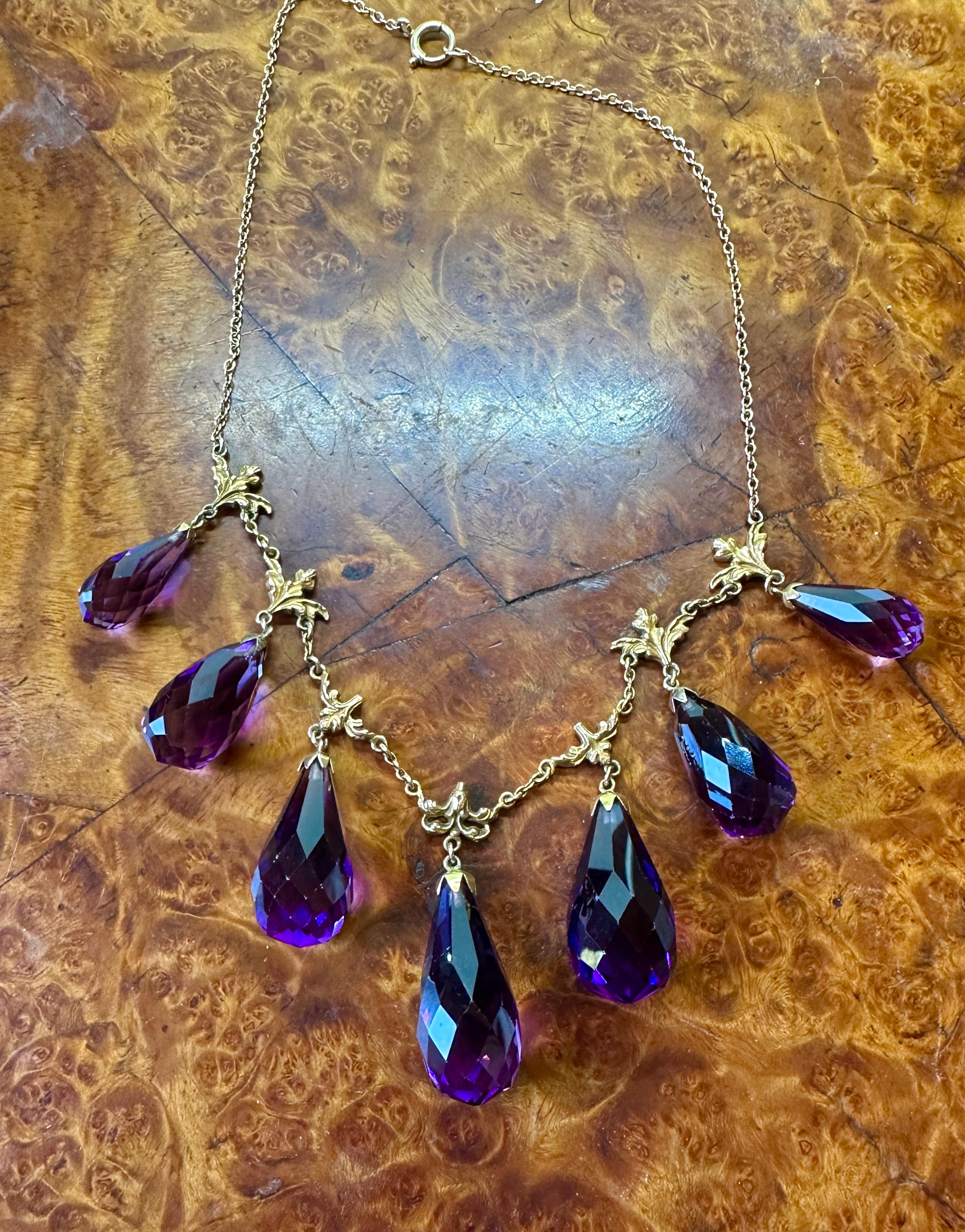 Victorian Siberian Amethyst Briolette Necklace Antique Fringe Drop 14 Karat Gold 1
