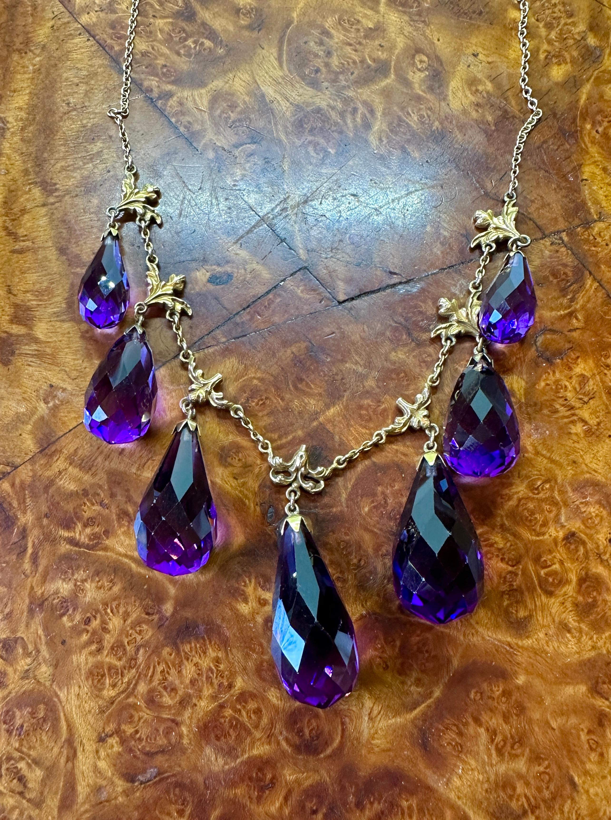 Victorian Siberian Amethyst Briolette Necklace Antique Fringe Drop 14 Karat Gold 2