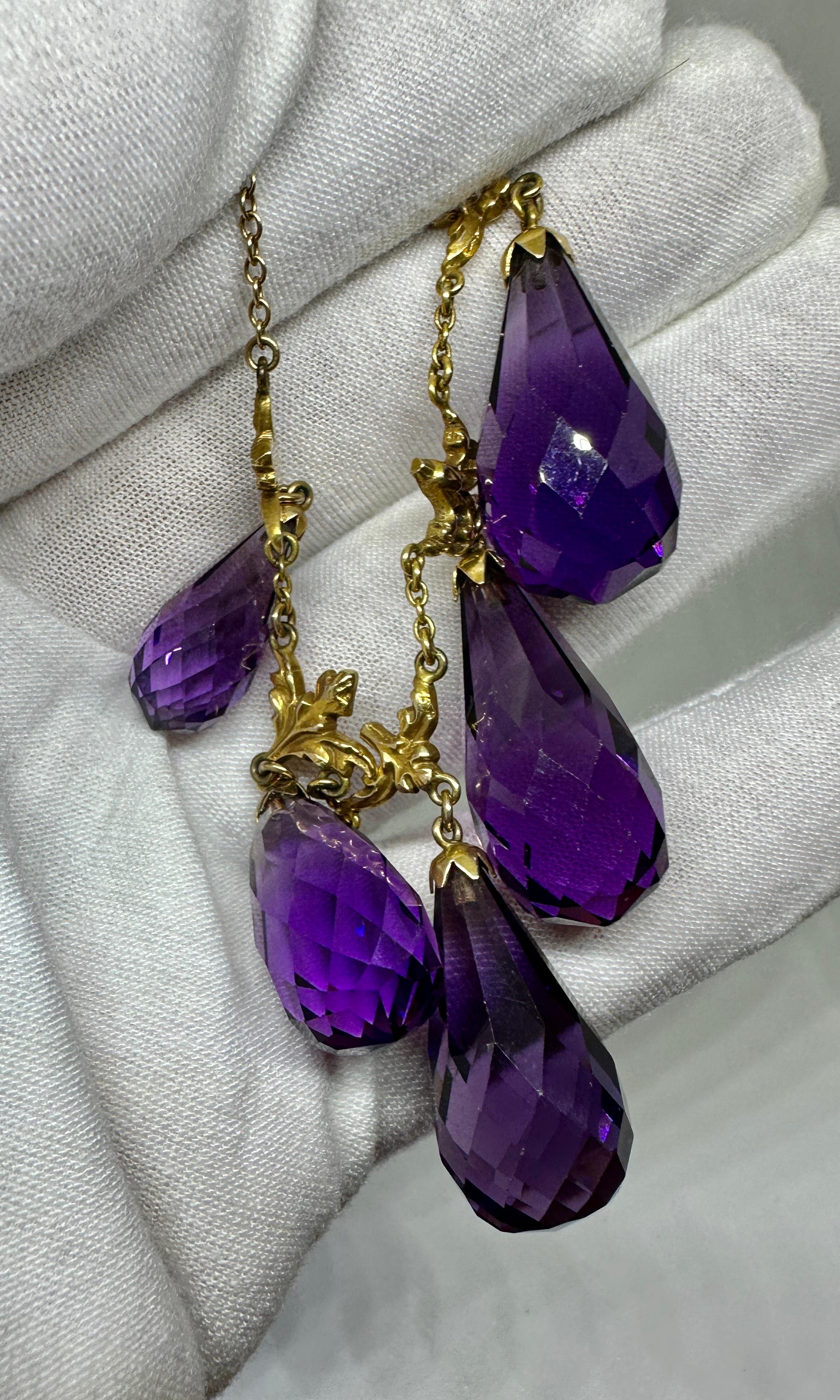 Victorian Siberian Amethyst Briolette Necklace Antique Fringe Drop 14 Karat Gold 3