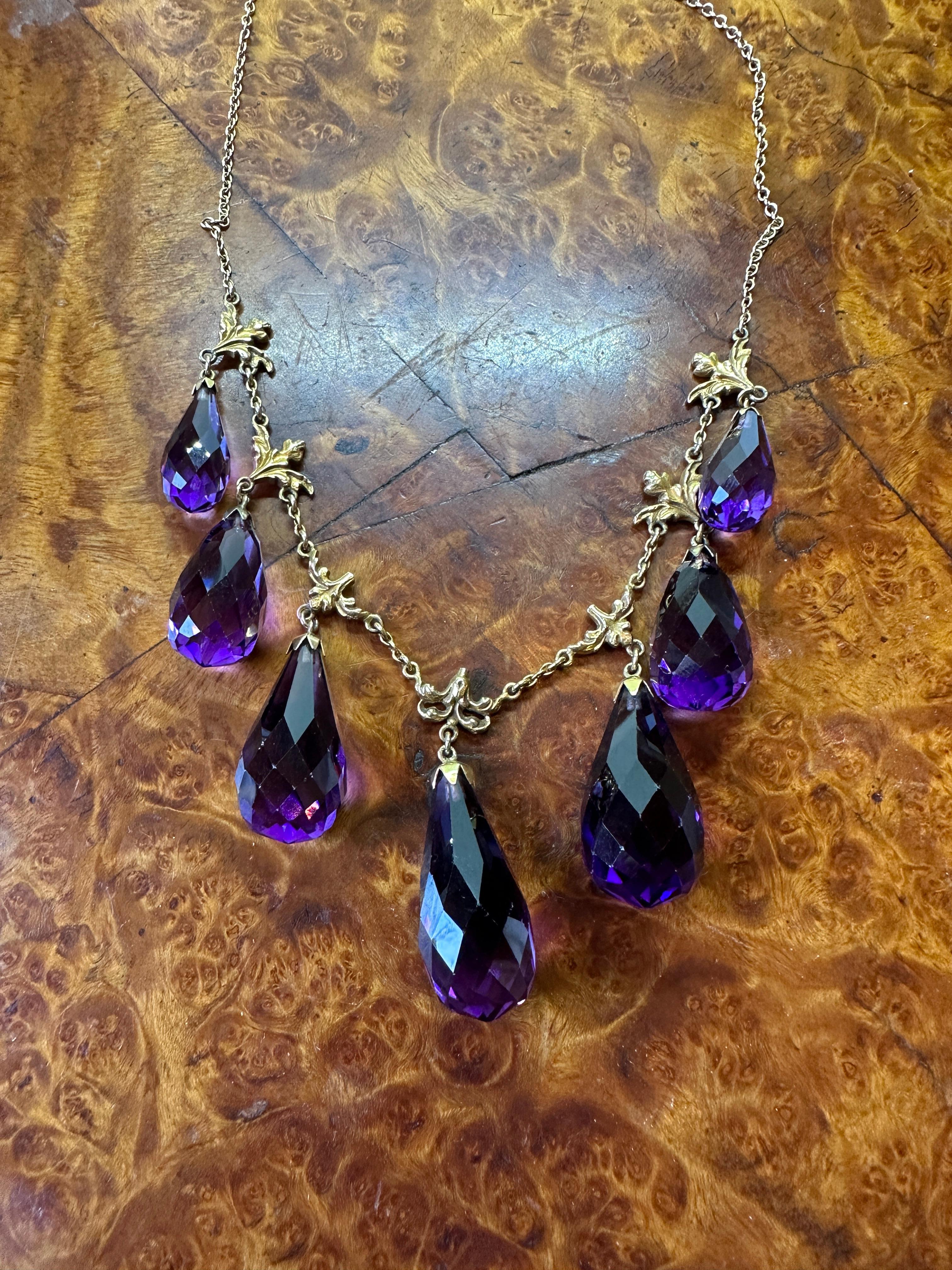 Victorian Siberian Amethyst Briolette Necklace Antique Fringe Drop 14 Karat Gold 4