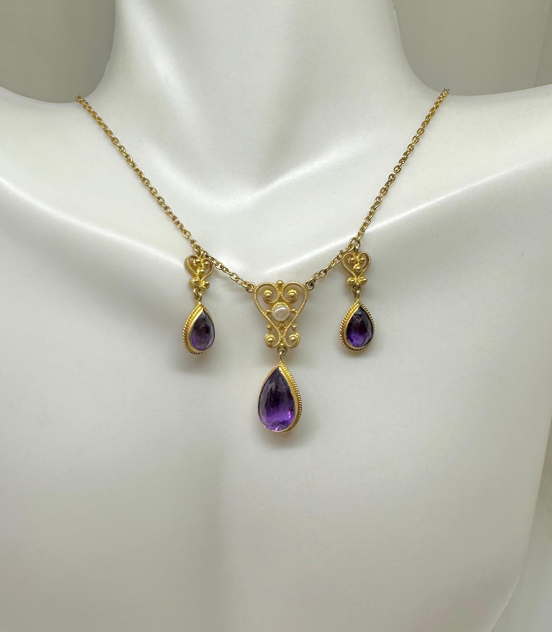 Collar Victoriano Renacimiento Etrusco Amatista Siberiana Oro 14 Kilates Antiguo Corte pera en venta