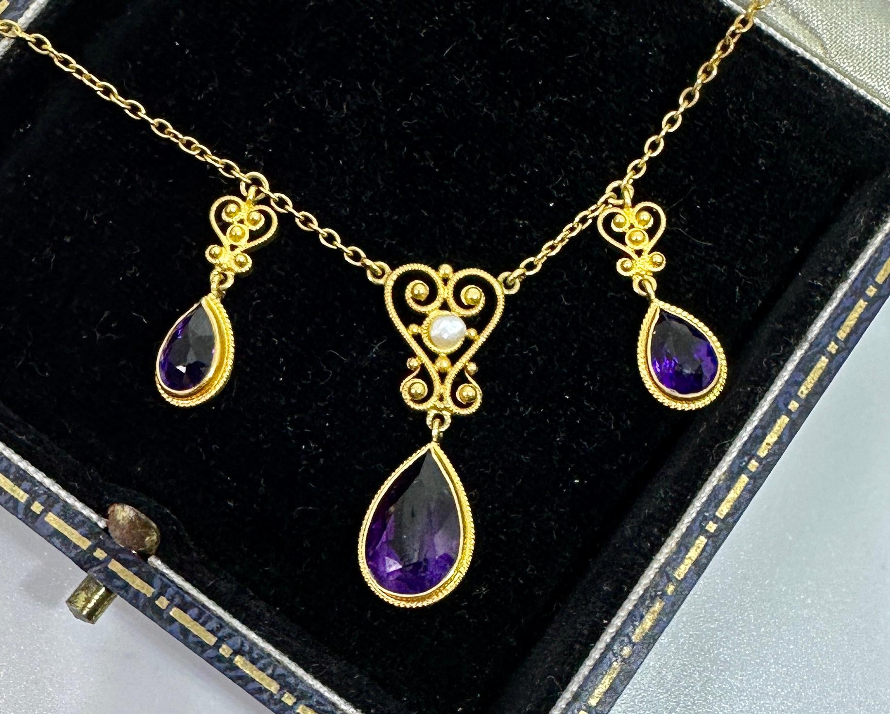 Collar Victoriano Renacimiento Etrusco Amatista Siberiana Oro 14 Kilates Antiguo en venta 1