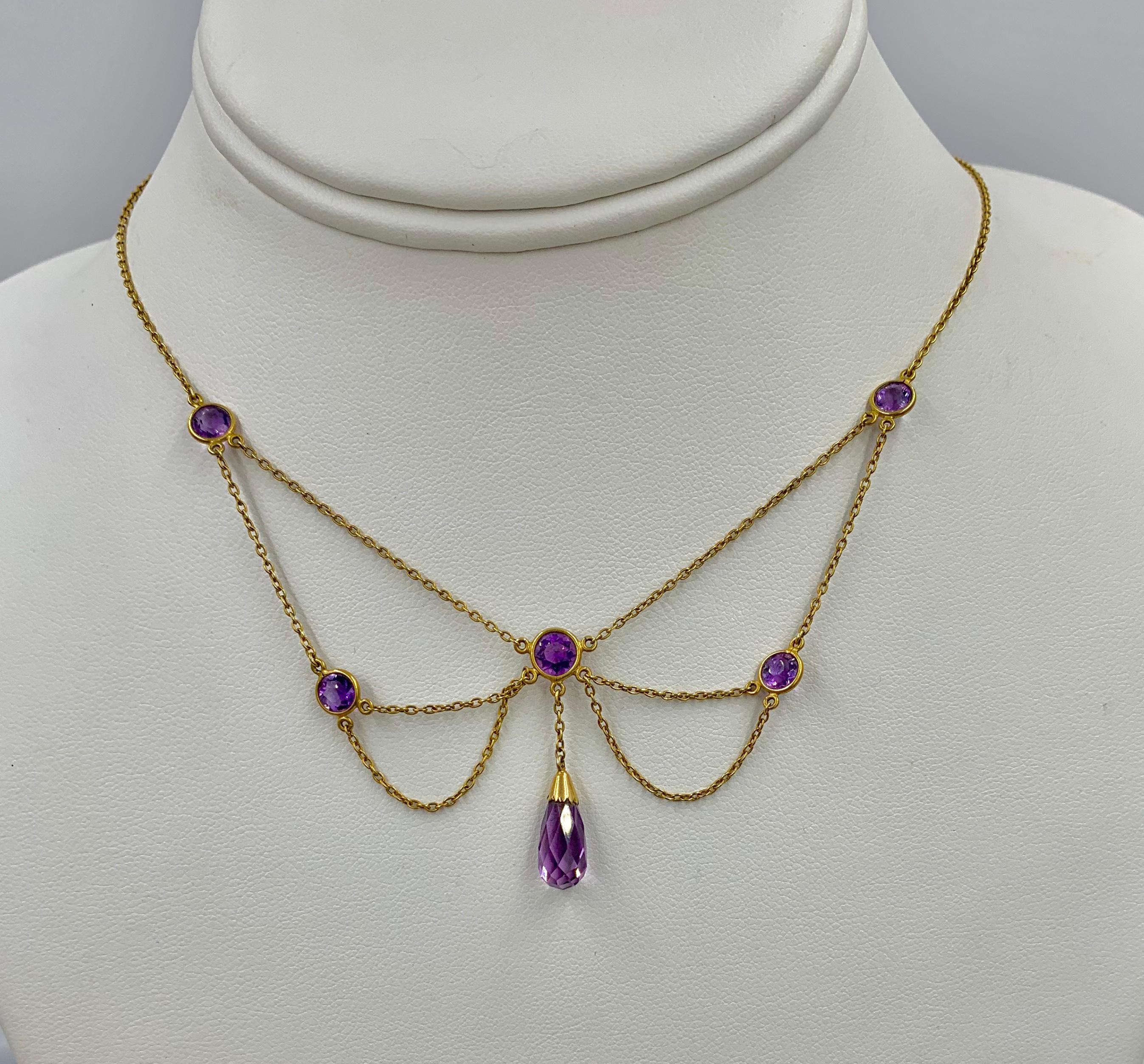 Collier de feston en améthyste sibérienne de l'époque victorienne Briolette en or 14 carats Pour femmes en vente