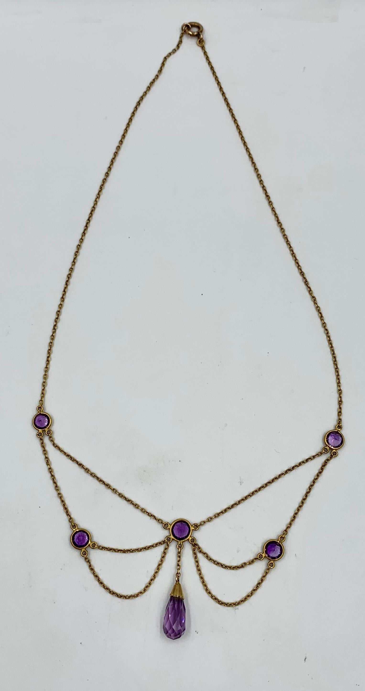 Victorian Siberian Amethyst Festoon Necklace Antique 14 Karat Gold Briolette In Excellent Condition For Sale In New York, NY