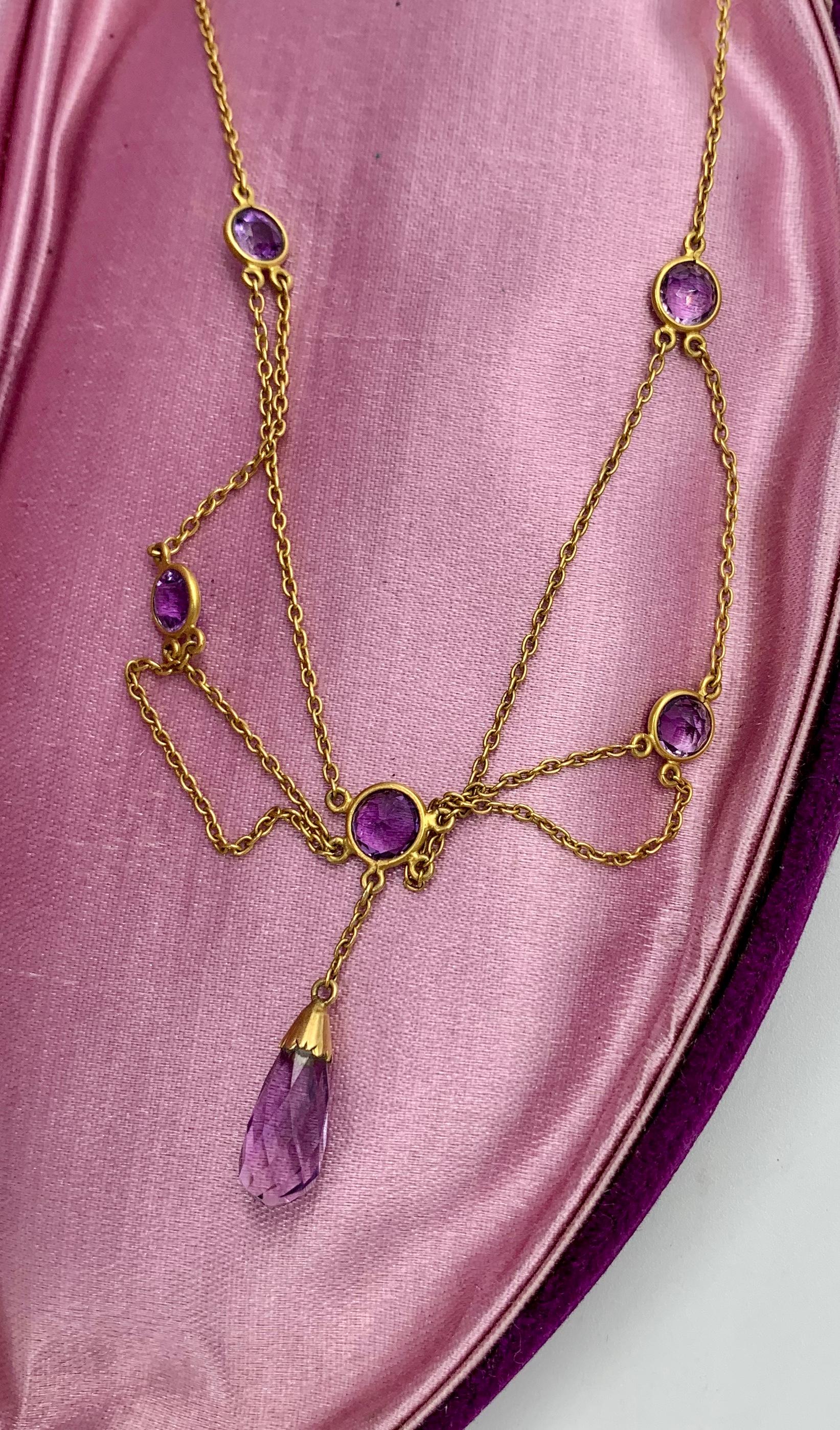 Women's Victorian Siberian Amethyst Festoon Necklace Antique 14 Karat Gold Briolette For Sale