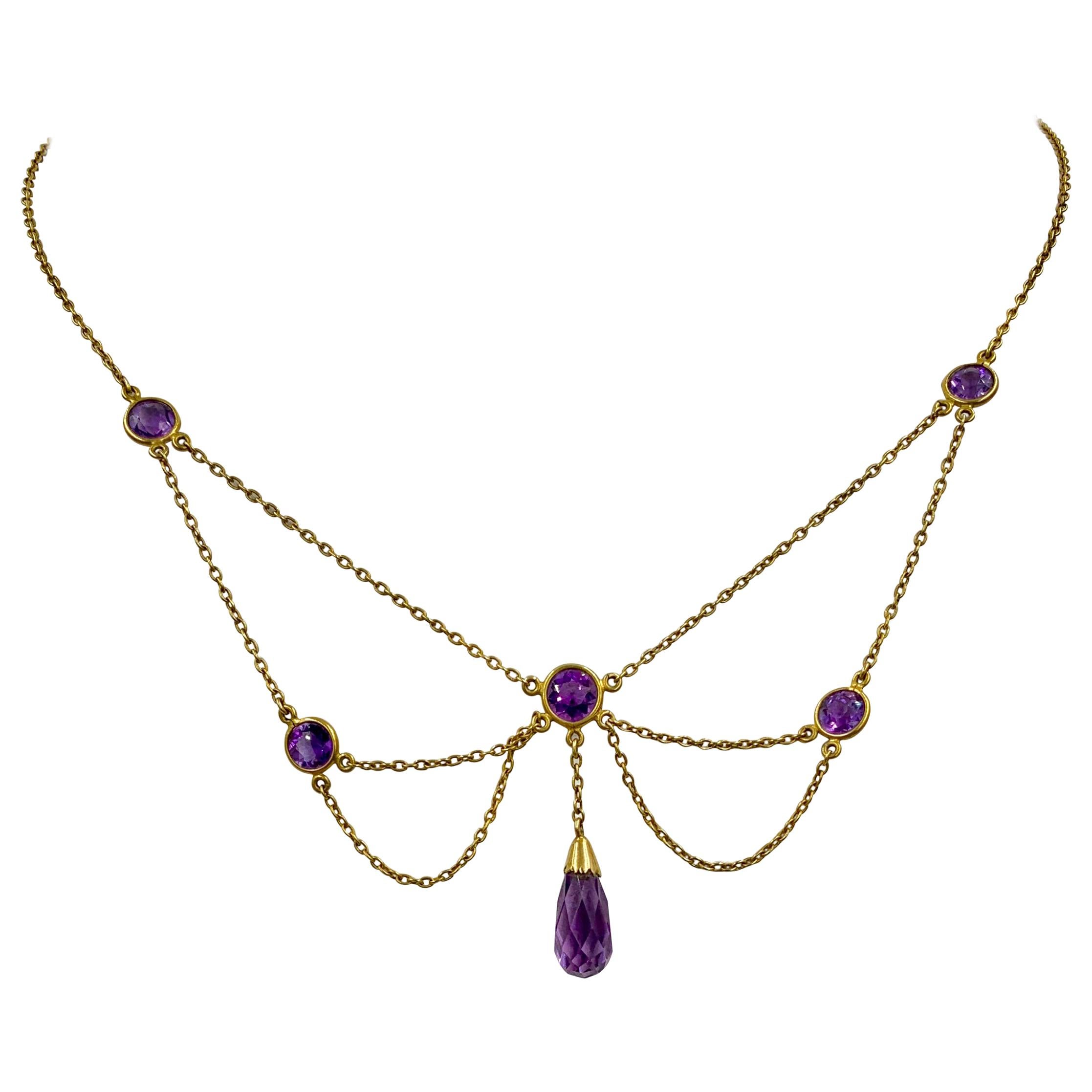 Victorian Siberian Amethyst Festoon Necklace Antique 14 Karat Gold Briolette