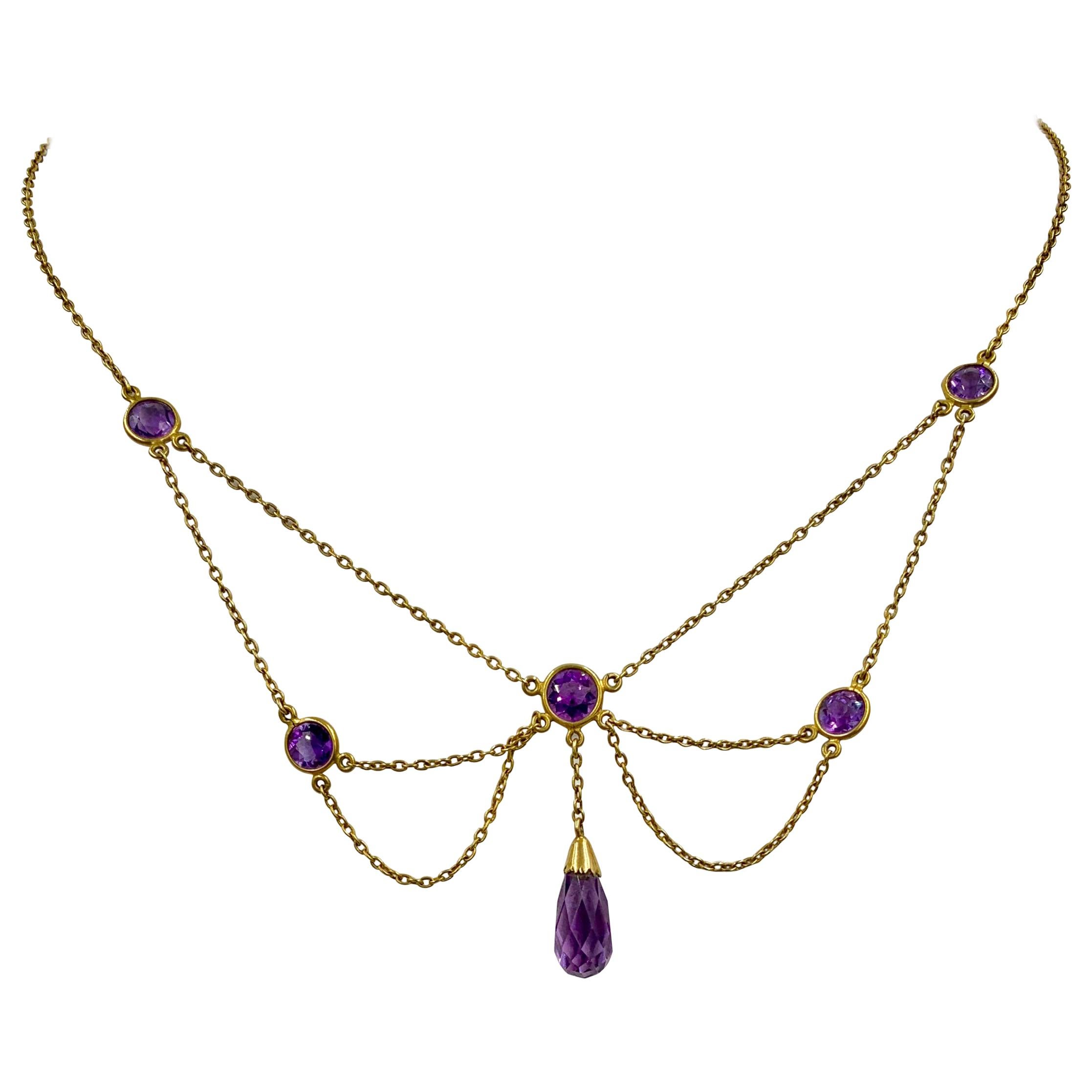 Collier de feston en améthyste sibérienne de l'époque victorienne Briolette en or 14 carats