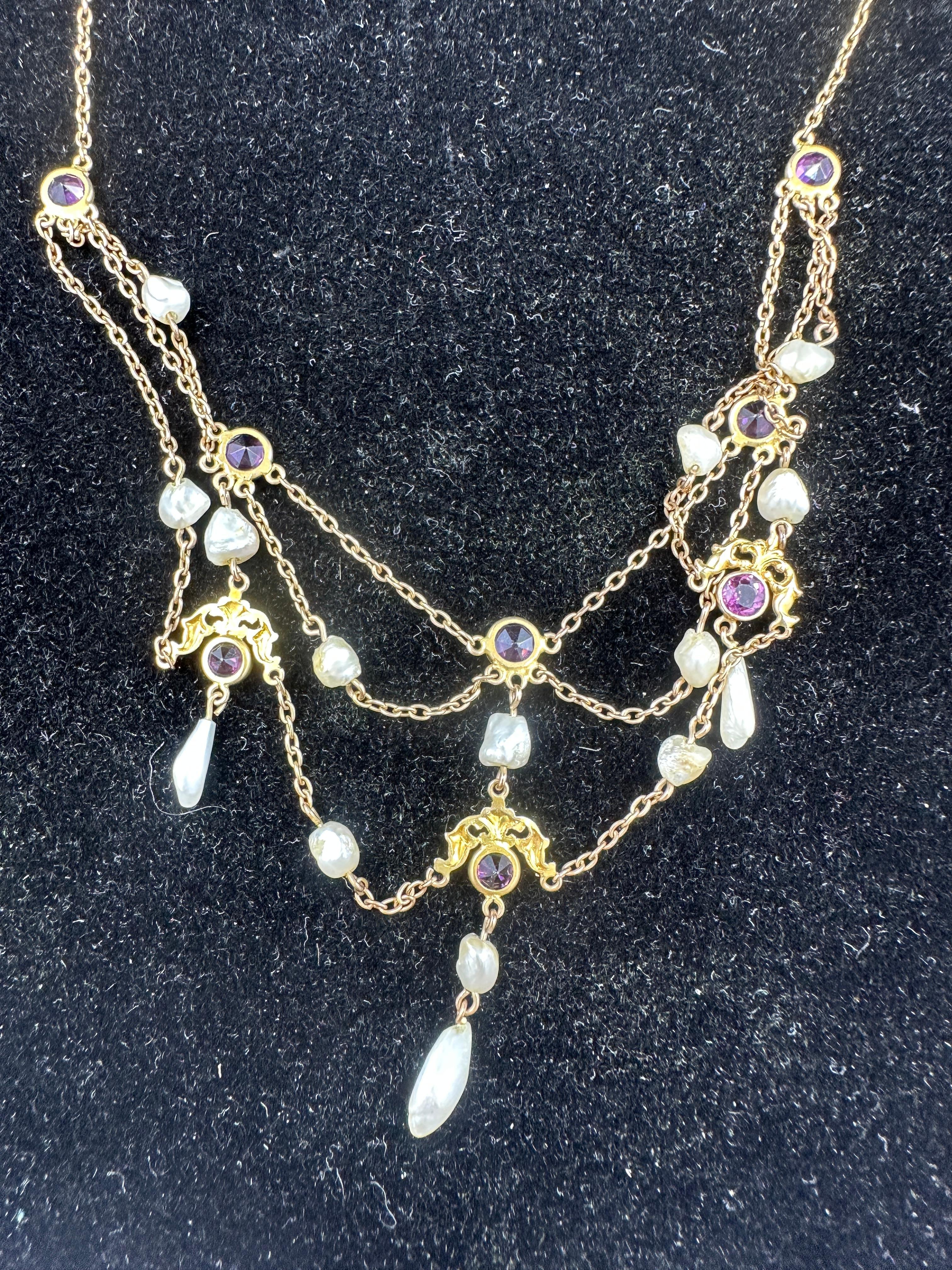 Collana vittoriana con festone di perle naturali ametista siberiana in oro 14 carati in vendita 4