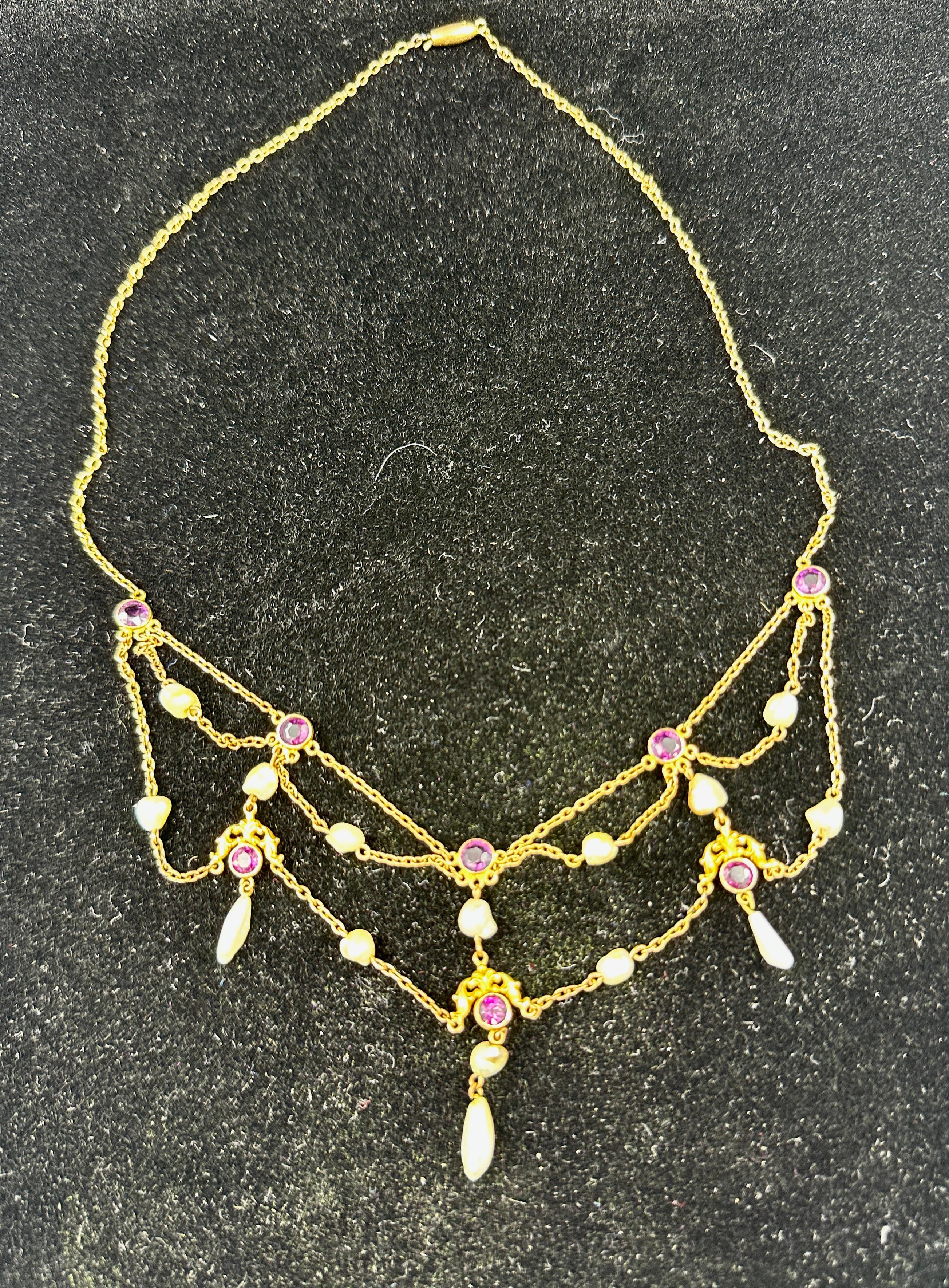 Collana vittoriana con festone di perle naturali ametista siberiana in oro 14 carati in vendita 5