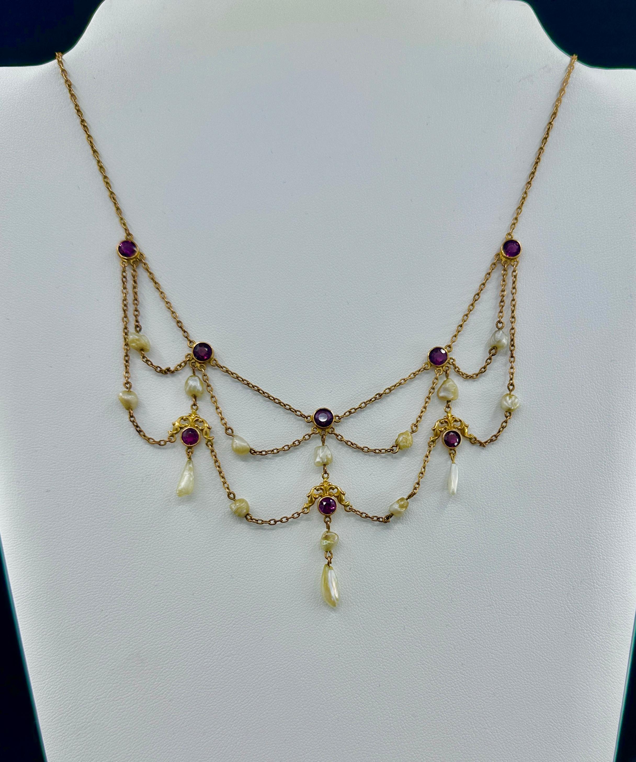Collana vittoriana con festone di perle naturali ametista siberiana in oro 14 carati In condizioni ottime in vendita a New York, NY