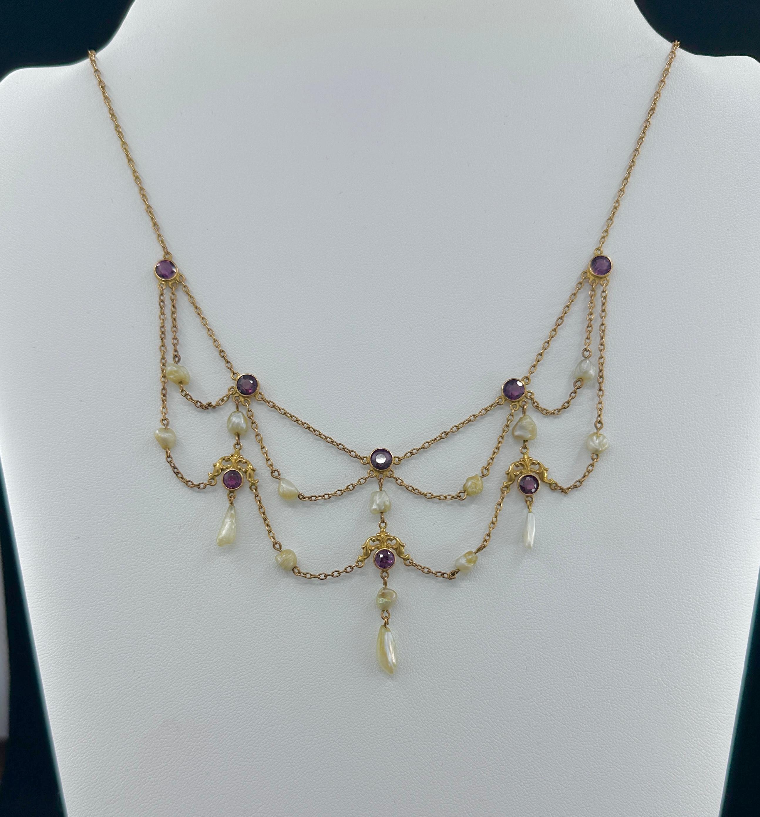 Donna Collana vittoriana con festone di perle naturali ametista siberiana in oro 14 carati in vendita