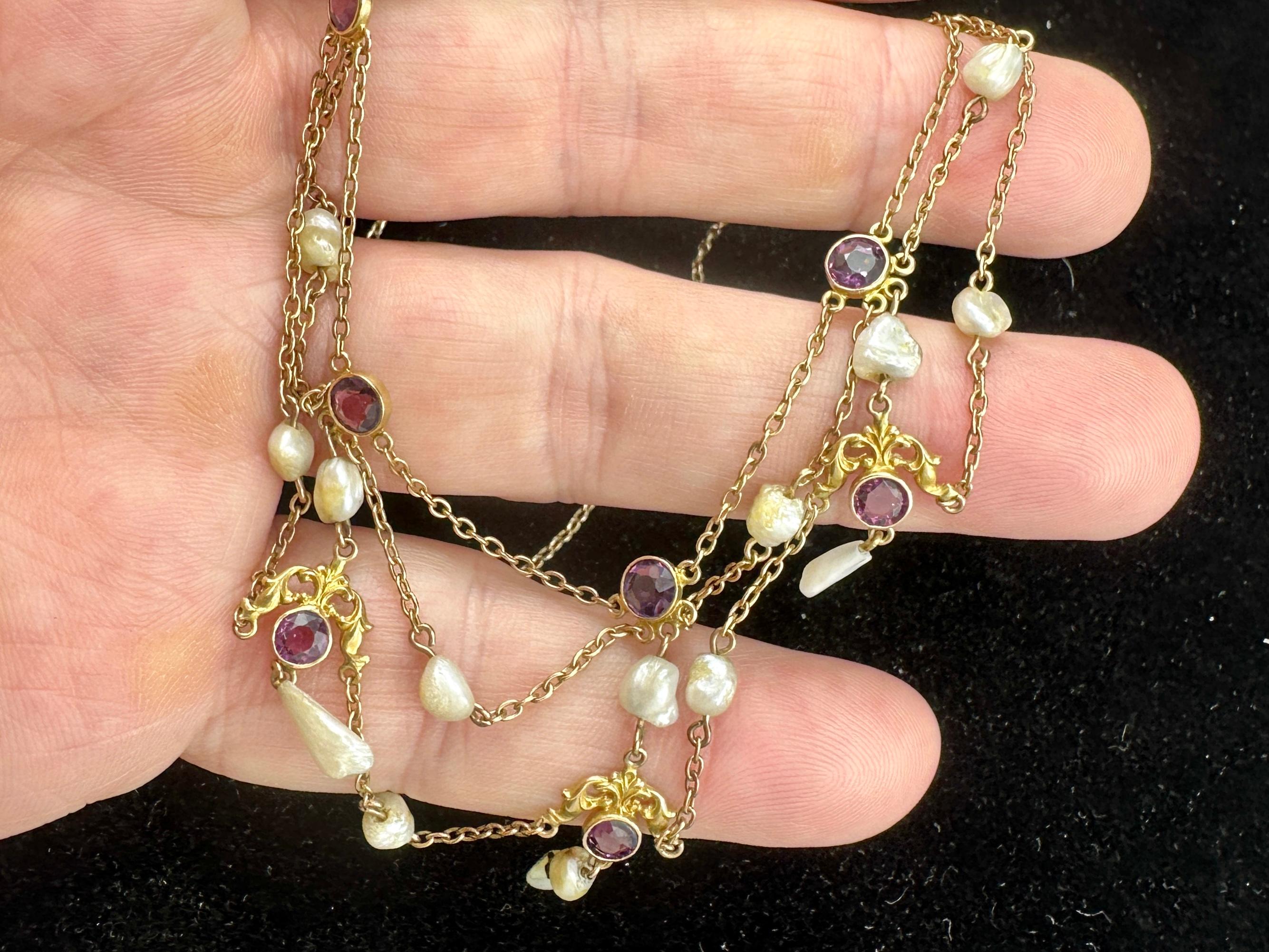 Collana vittoriana con festone di perle naturali ametista siberiana in oro 14 carati in vendita 2