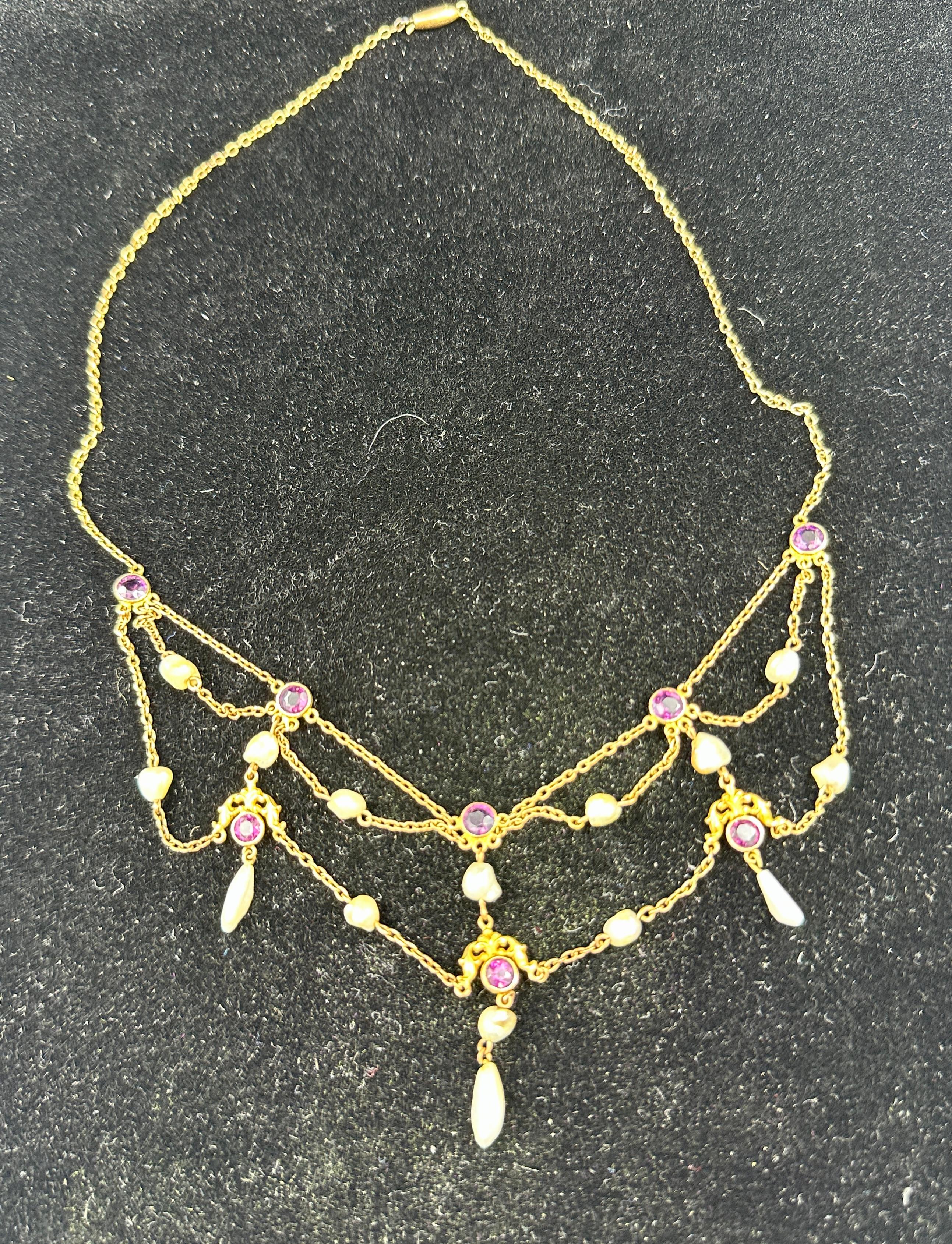 Collana vittoriana con festone di perle naturali ametista siberiana in oro 14 carati in vendita 3