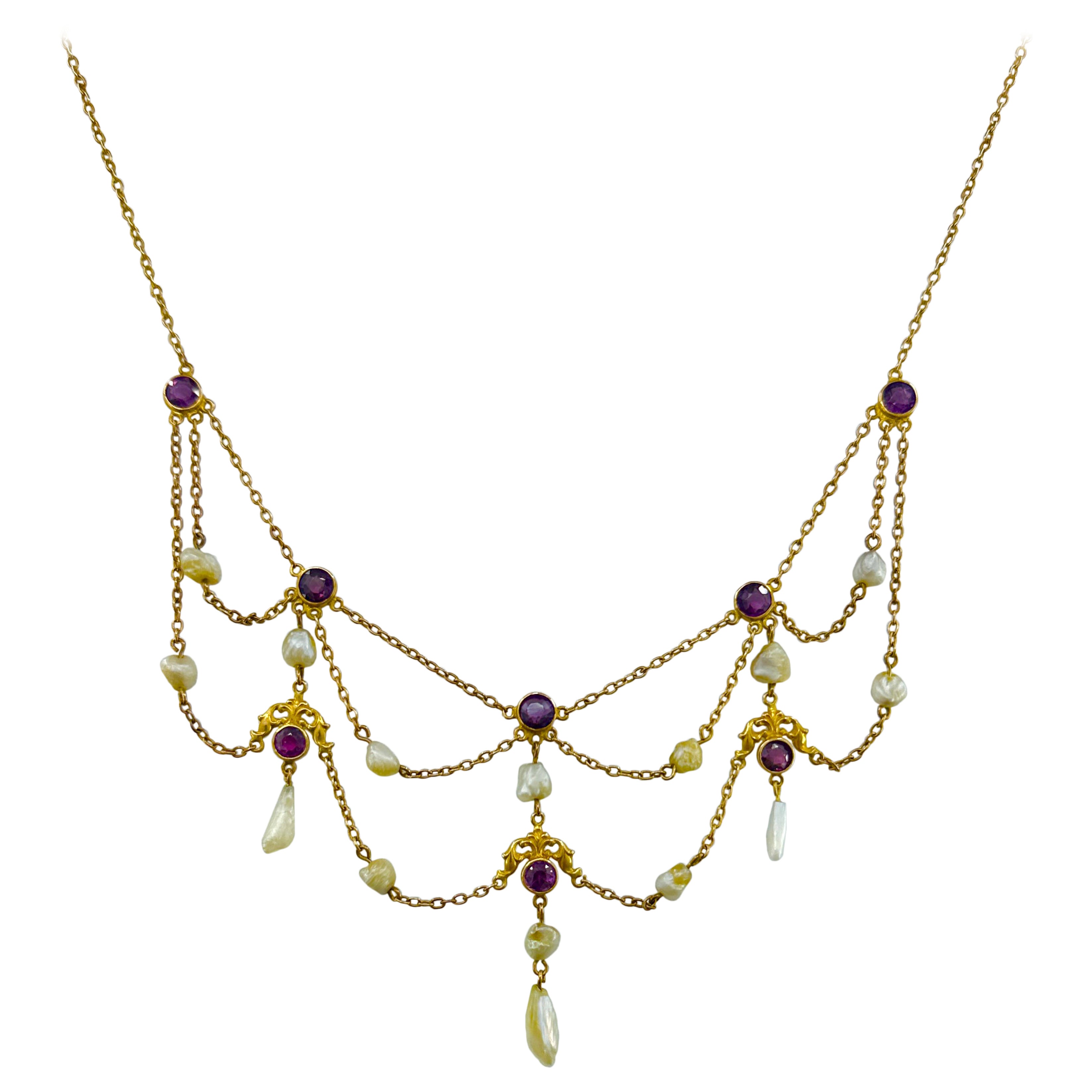 Collana vittoriana con festone di perle naturali ametista siberiana in oro 14 carati in vendita