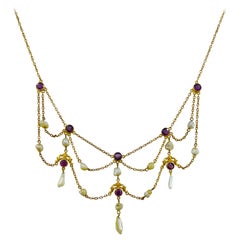 Viktorianische sibirische Amethyst natürliche Perle Festoon Swag Halskette 14 Karat Gold