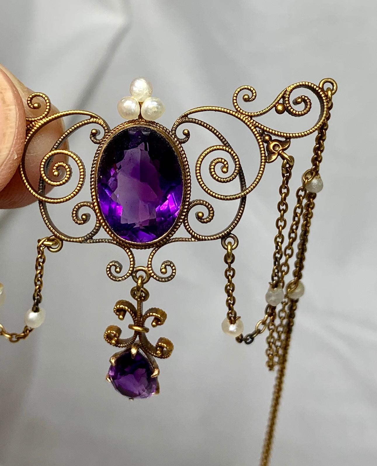 Oval Cut Victorian Siberian Amethyst Pearl Festoon Necklace Antique 14 Karat Gold