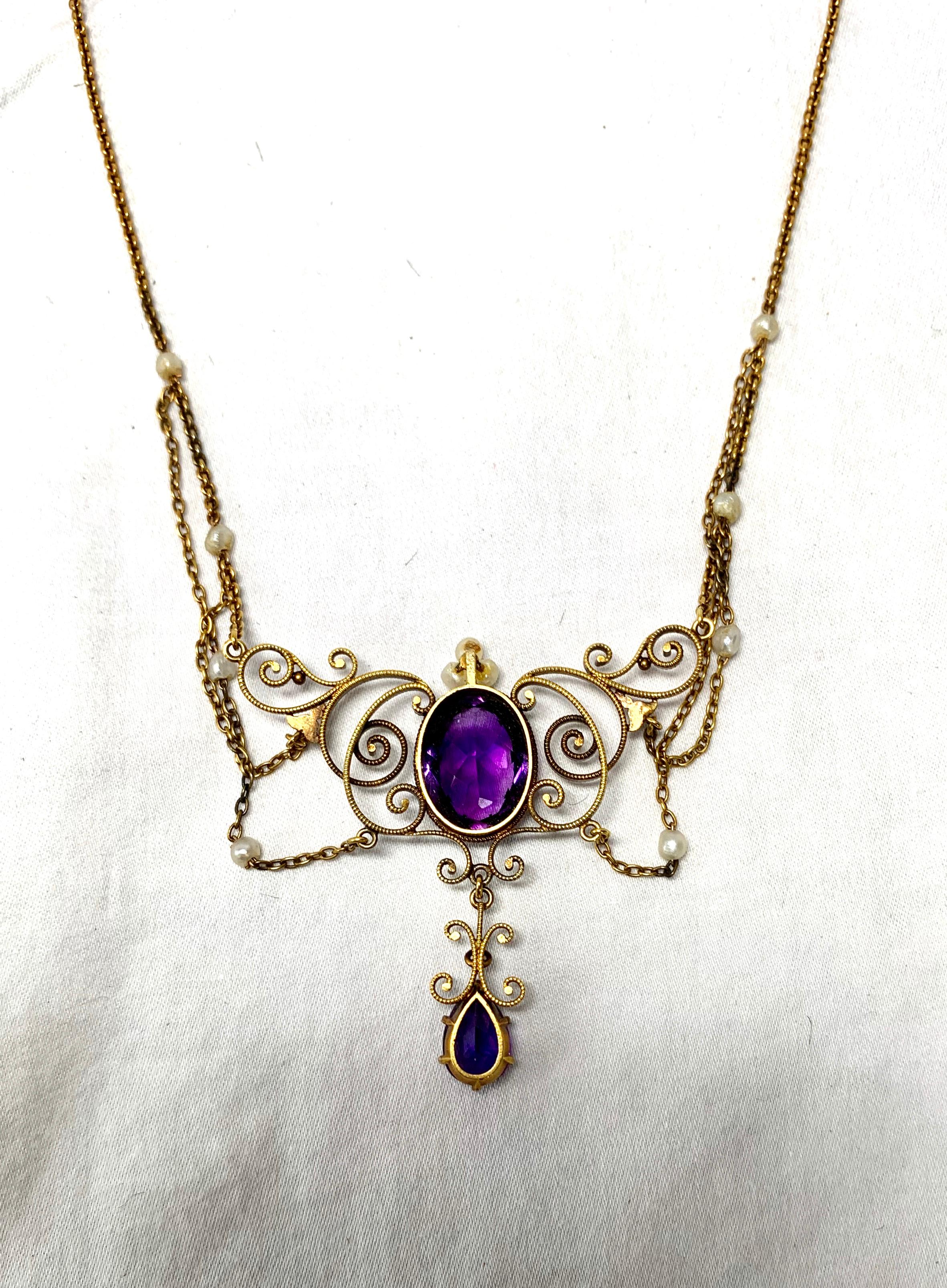 Victorian Siberian Amethyst Pearl Festoon Necklace Antique 14 Karat Gold 2