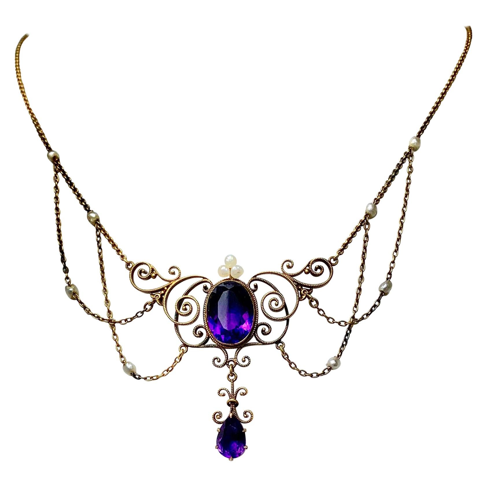 Victorian Siberian Amethyst Pearl Festoon Necklace Antique 14 Karat Gold