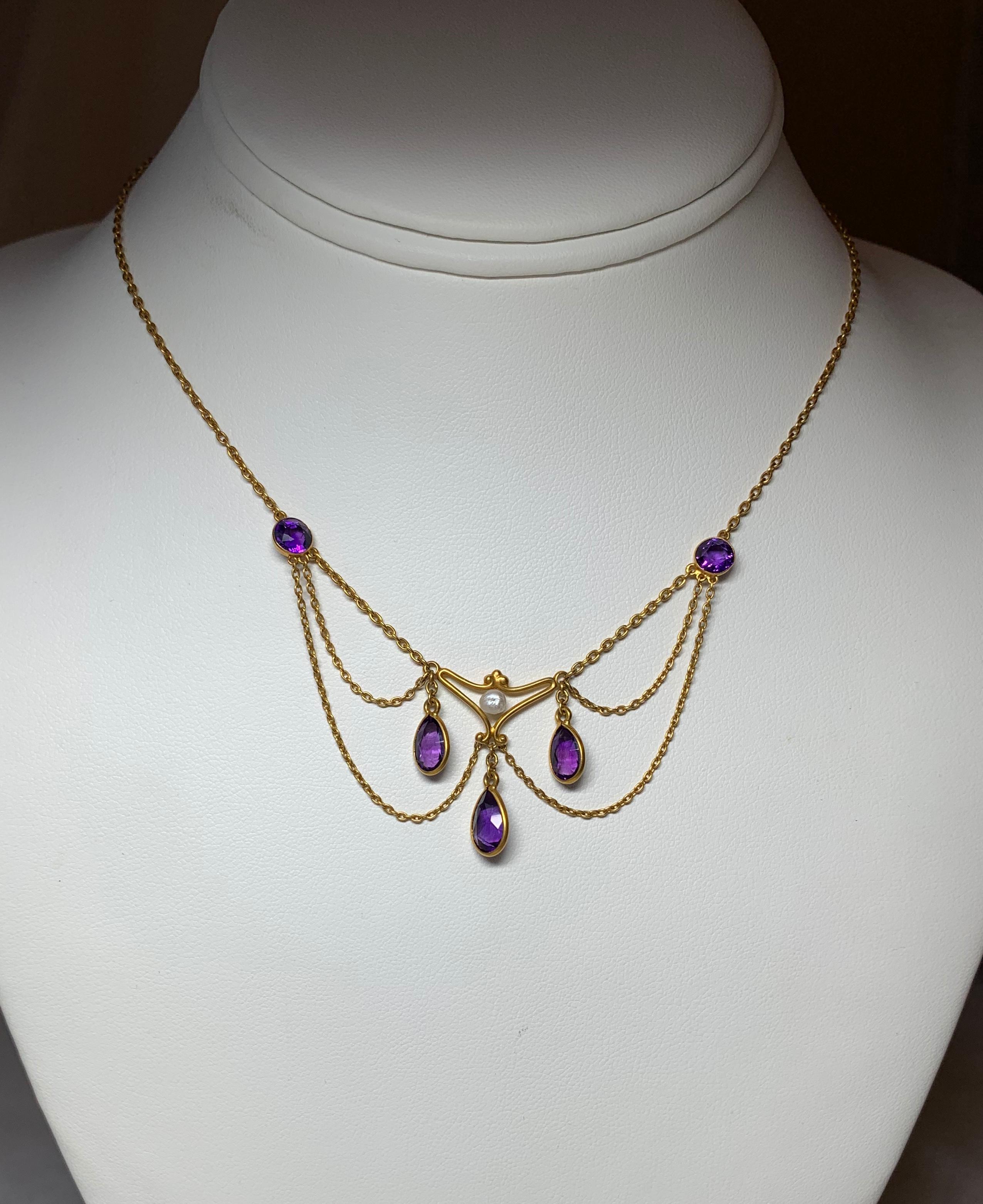 Pear Cut Victorian Siberian Amethyst Pearl Festoon Swag Necklace 14 Karat Gold For Sale