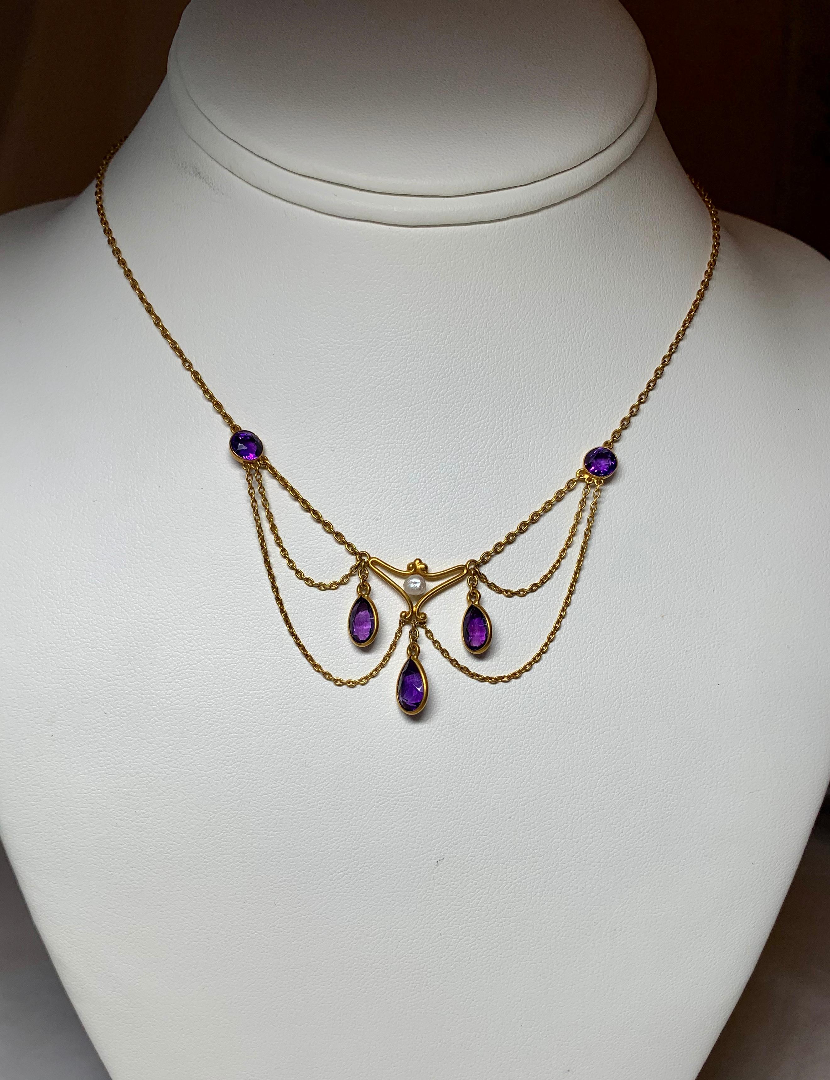 Victorian Siberian Amethyst Pearl Festoon Swag Necklace 14 Karat Gold In Excellent Condition For Sale In New York, NY