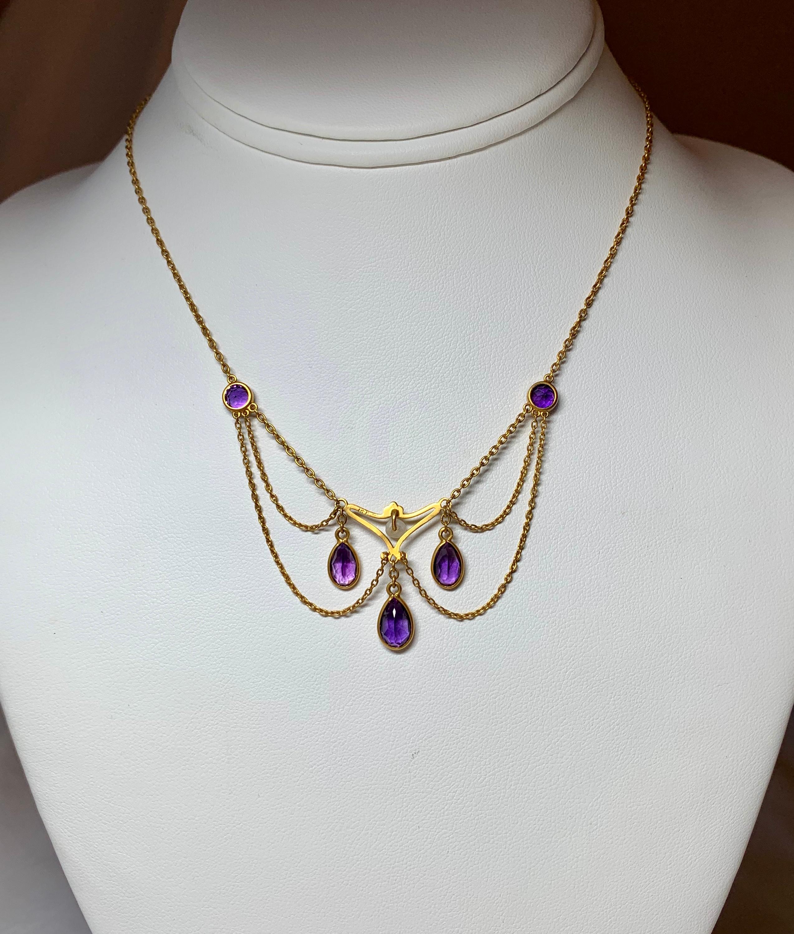 Women's Victorian Siberian Amethyst Pearl Festoon Swag Necklace 14 Karat Gold For Sale