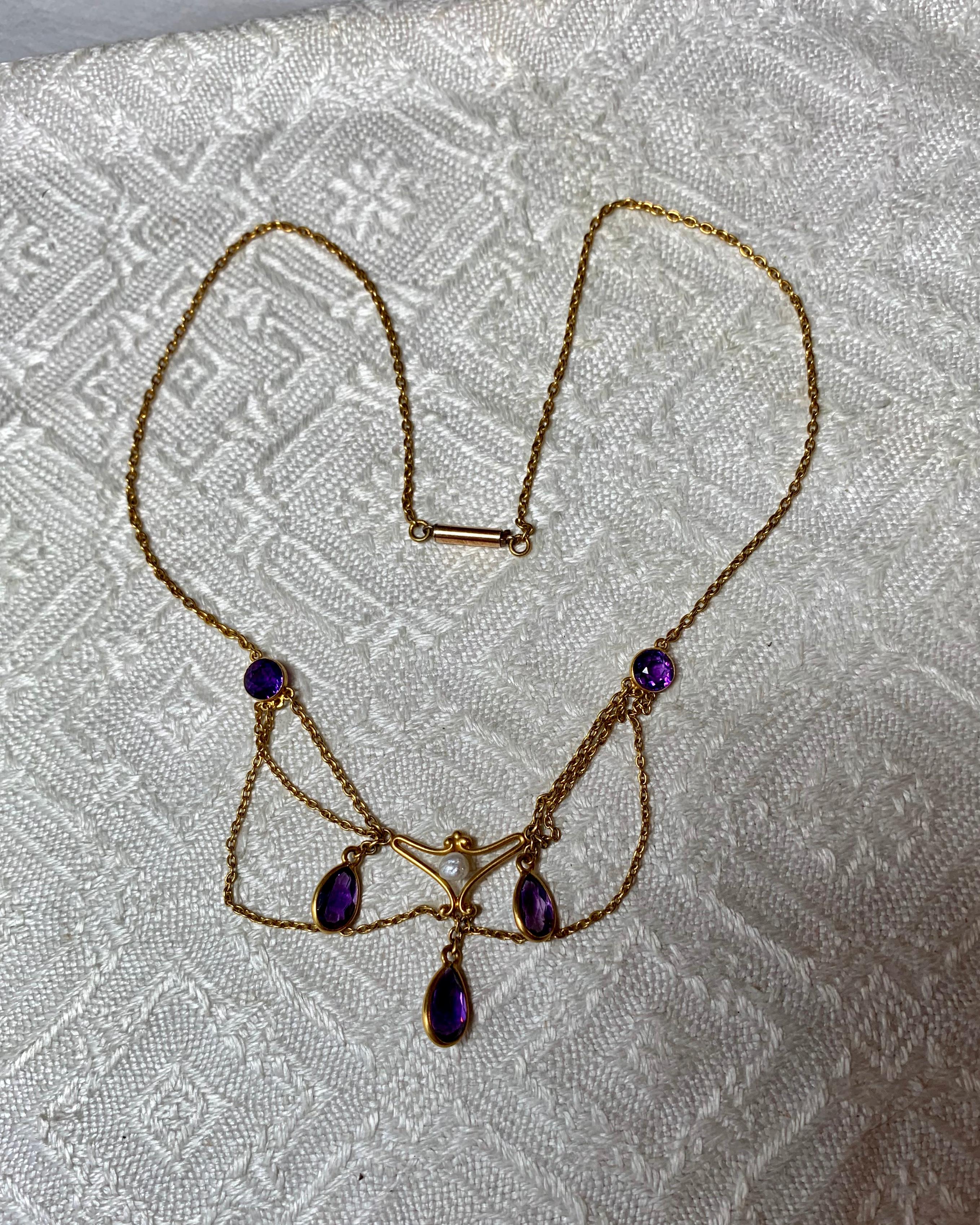 Victorian Siberian Amethyst Pearl Festoon Swag Necklace 14 Karat Gold For Sale 2