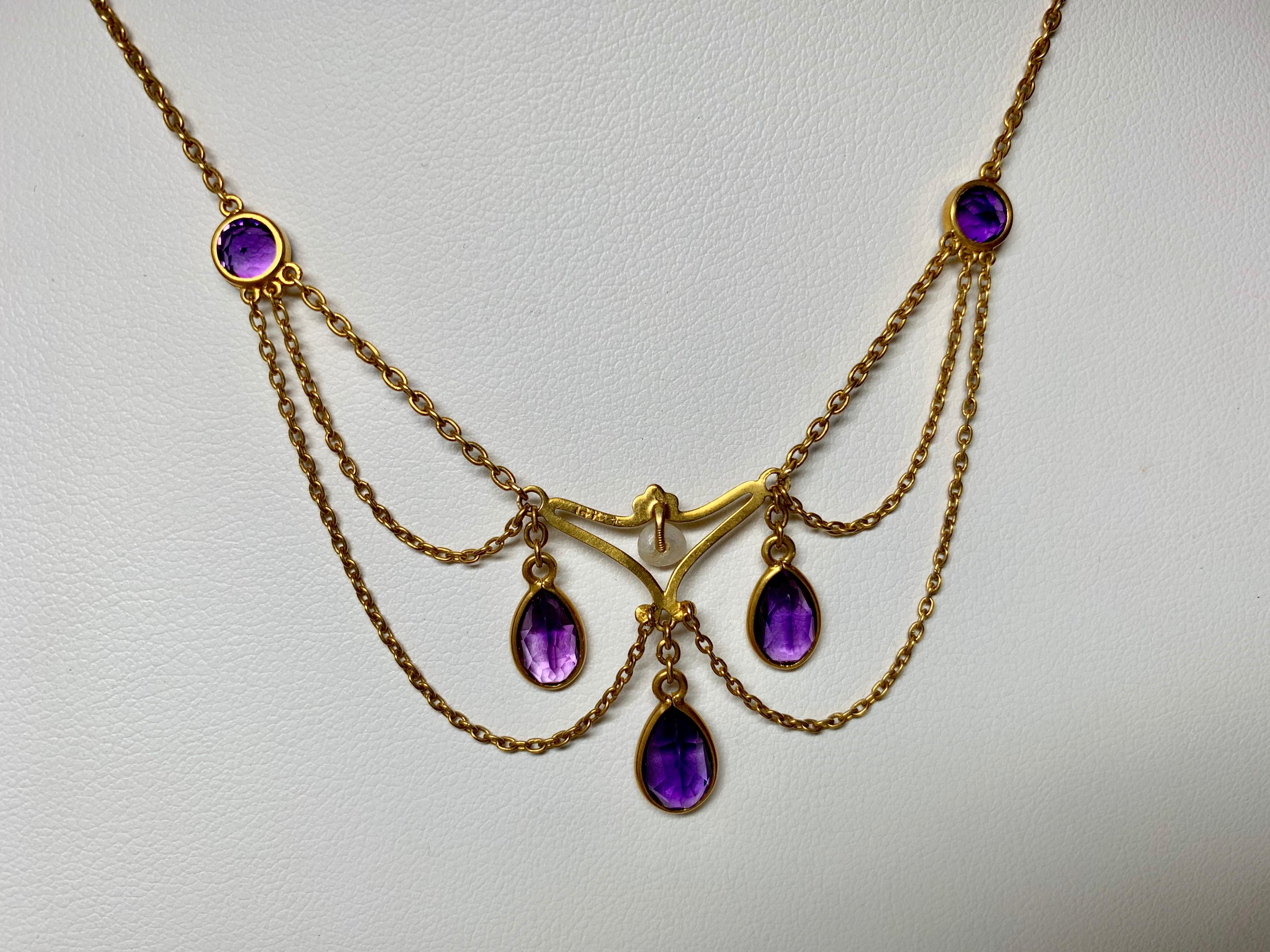 Victorian Siberian Amethyst Pearl Festoon Swag Necklace 14 Karat Gold For Sale 3