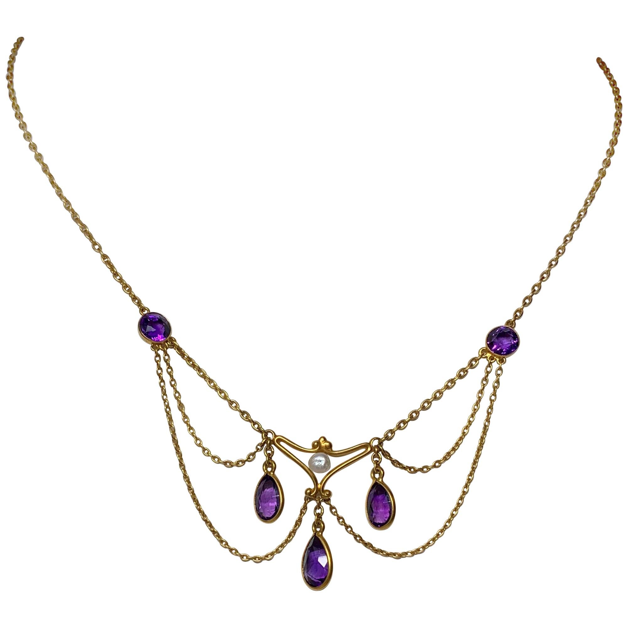 Victorian Siberian Amethyst Pearl Festoon Swag Necklace 14 Karat Gold