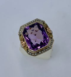 Victorian Siberian Amethyst Pearl Halo Ring 14 Karat Gold Flower Filigree, 1900