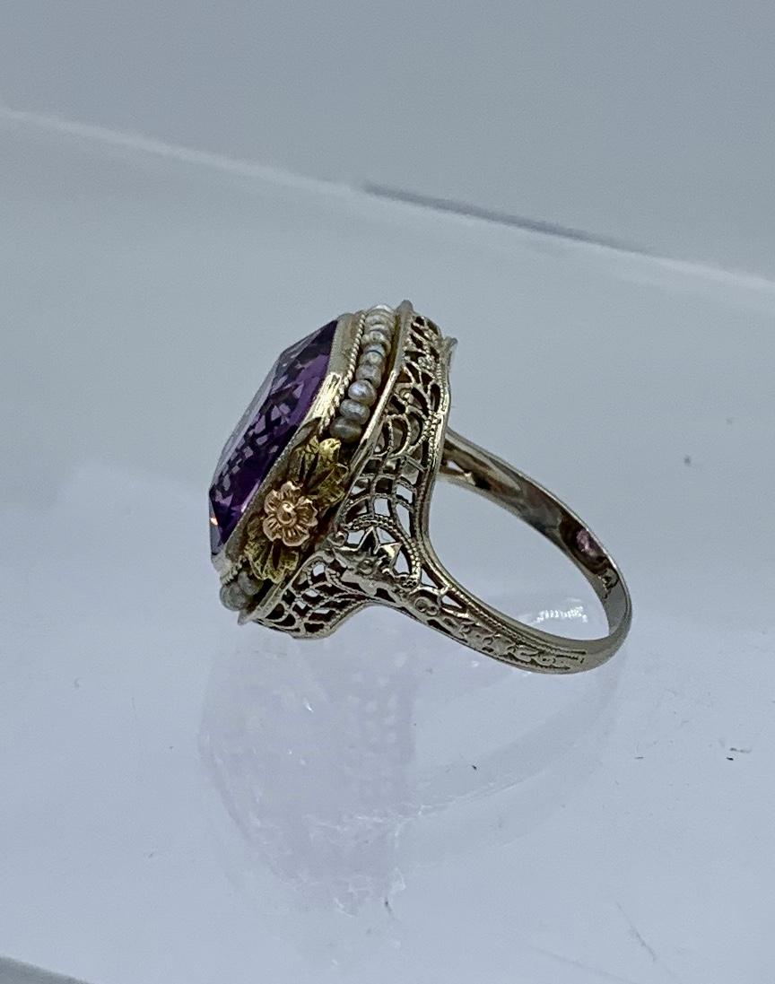 Viktorianischer sibirischer Amethyst-Perlen-Halo-Ring aus 14 Karat Gold, filigrane Blume, 1900 1