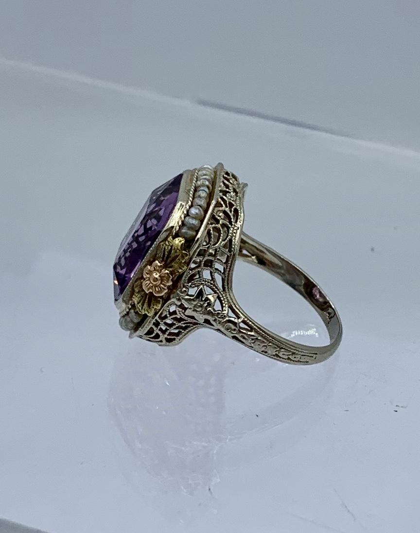 Women's Victorian Siberian Amethyst Pearl Halo Ring 14 Karat Gold Flower Filigree, 1900