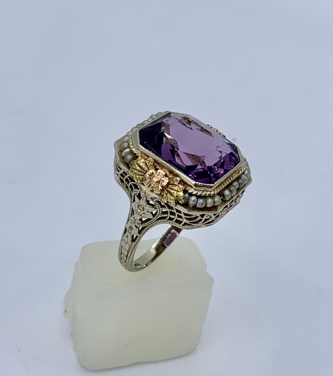 Victorian Siberian Amethyst Pearl Halo Ring 14 Karat Gold Flower Filigree, 1900 1