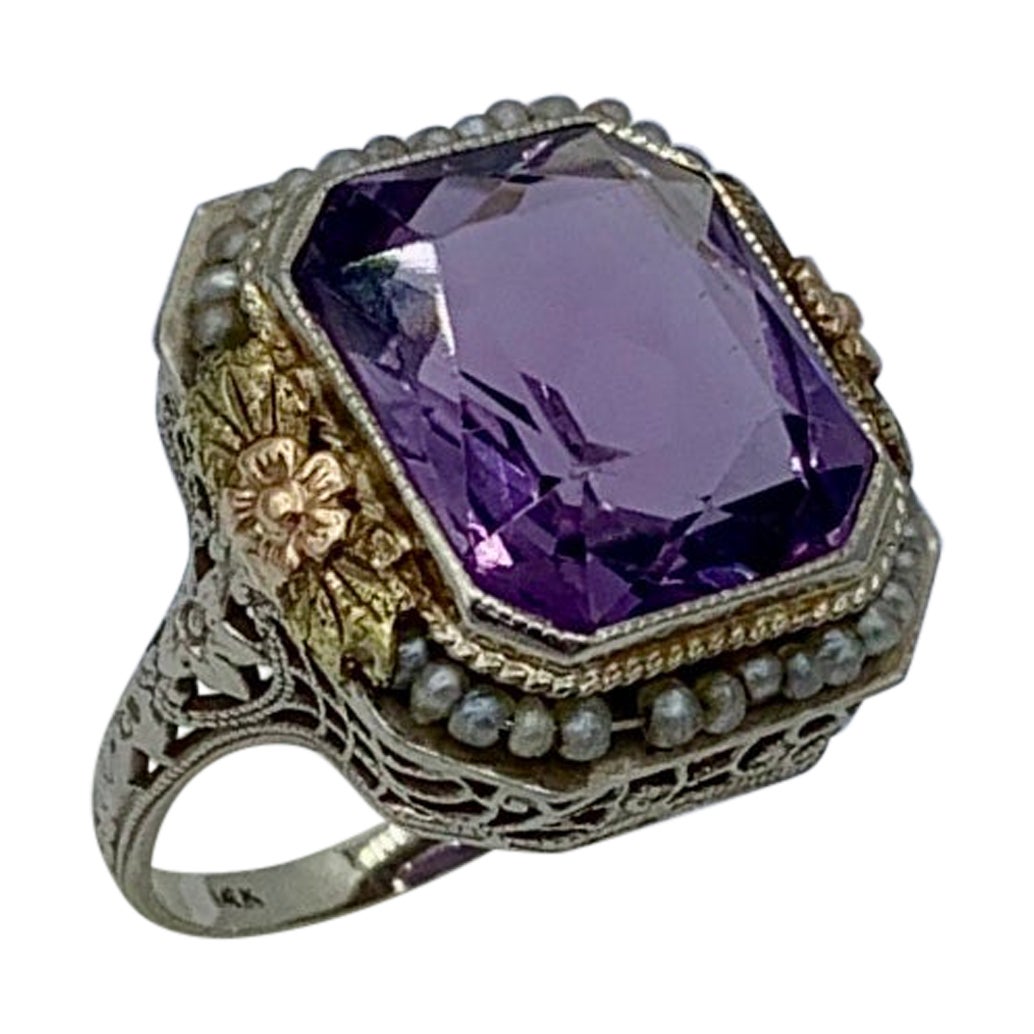 Viktorianischer sibirischer Amethyst-Perlen-Halo-Ring aus 14 Karat Gold, filigrane Blume, 1900