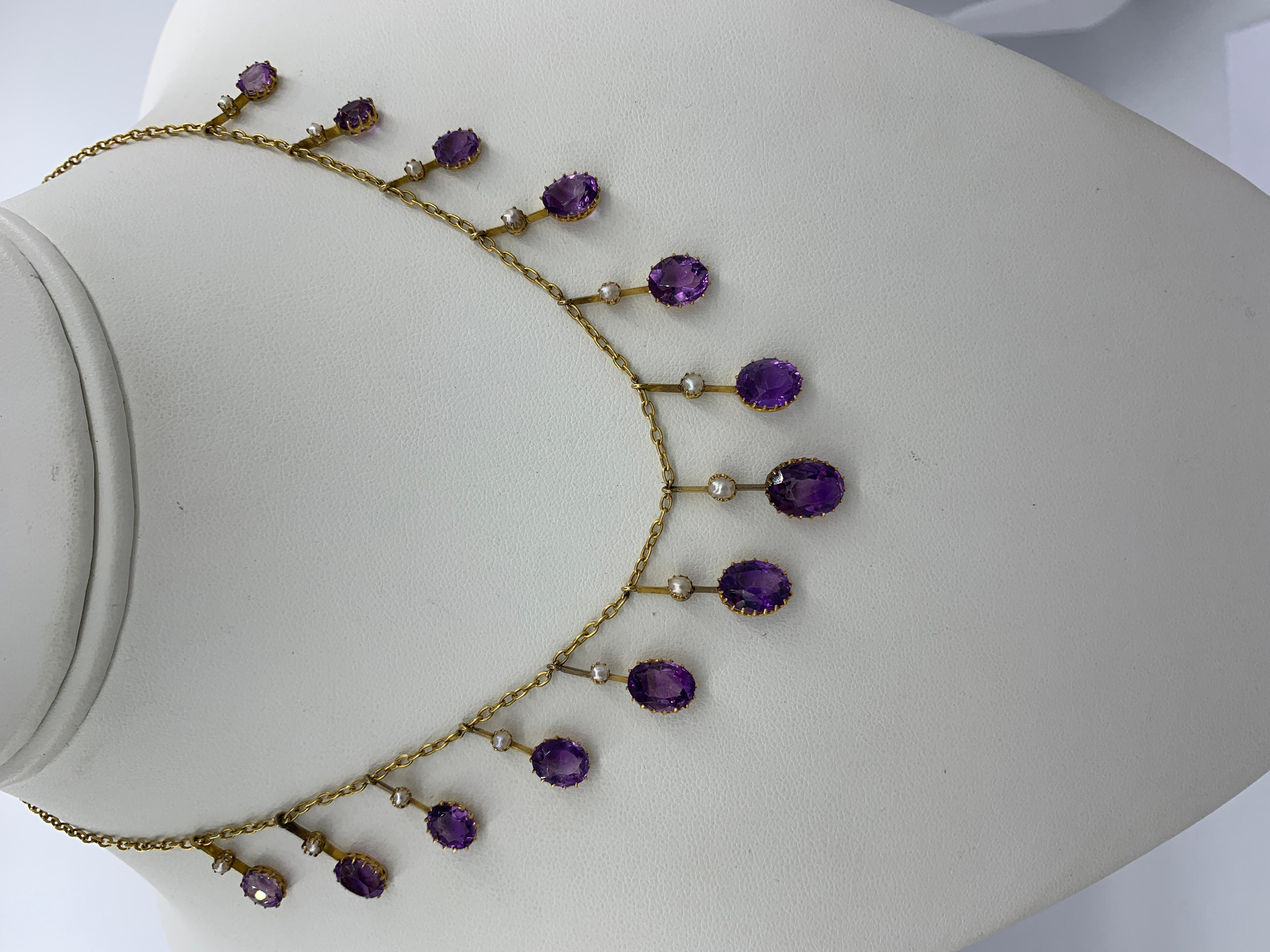 Victorian Siberian Amethyst Pearl Necklace Antique Fringe Drop Riviere Gold In Good Condition For Sale In New York, NY