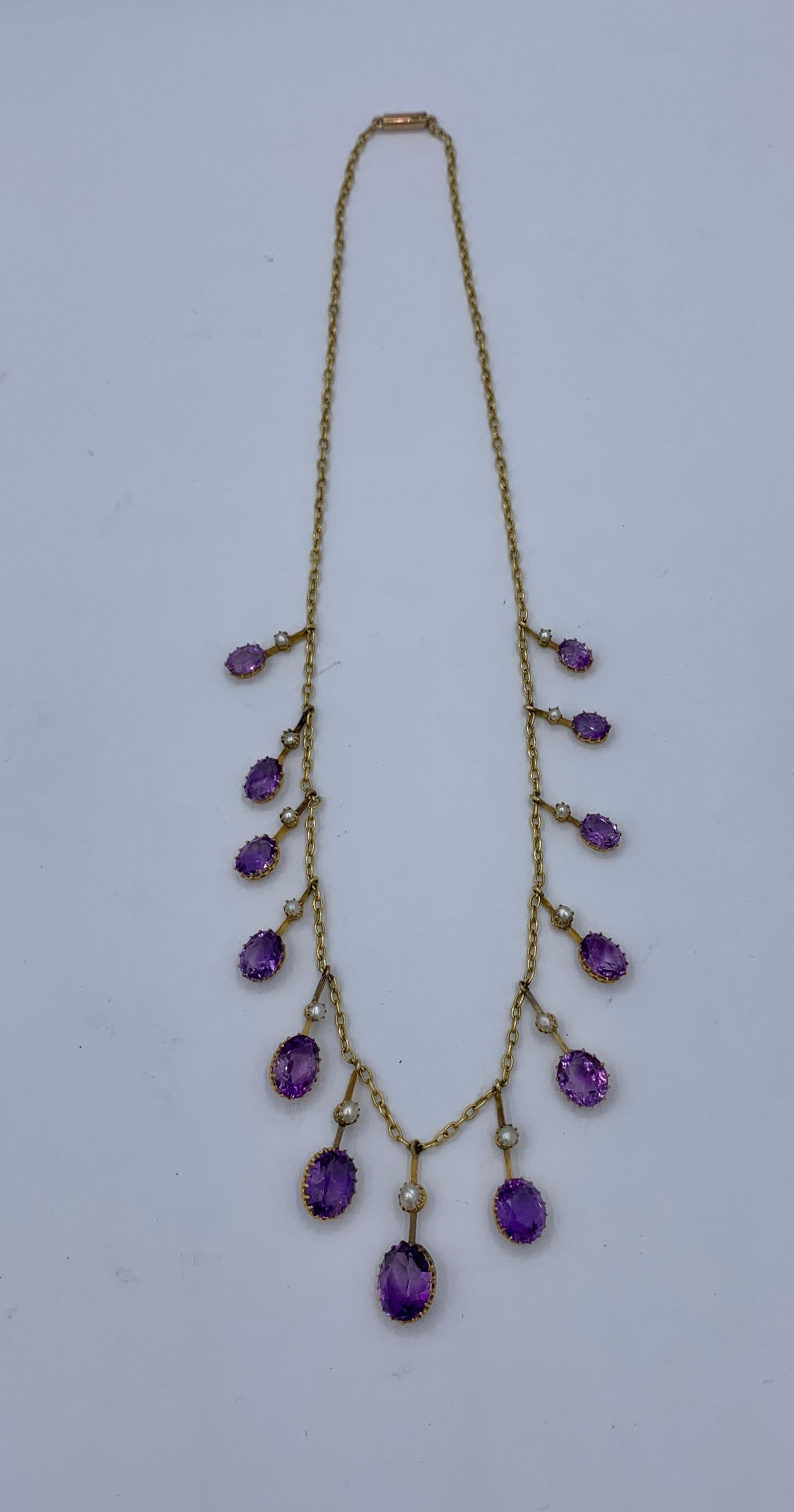 Viktorianische sibirische Amethyst-Perlenkette aus Gold mit antiken Fransen-Tropfen Riviere im Angebot 1